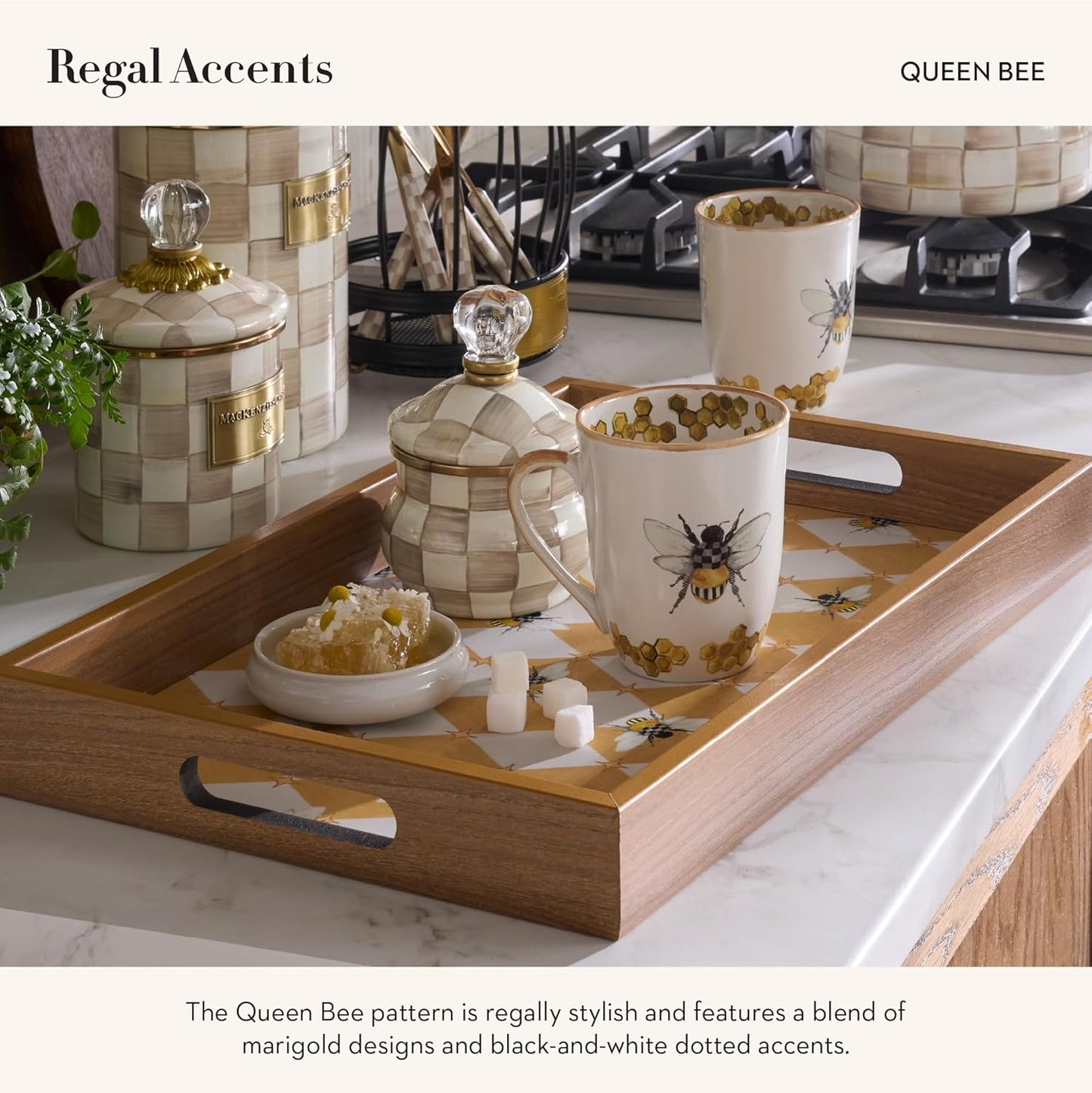 MACKENZIE-CHILDS Wooden Tray with Handles, Rectangular Tray for Serving, Queen Bee