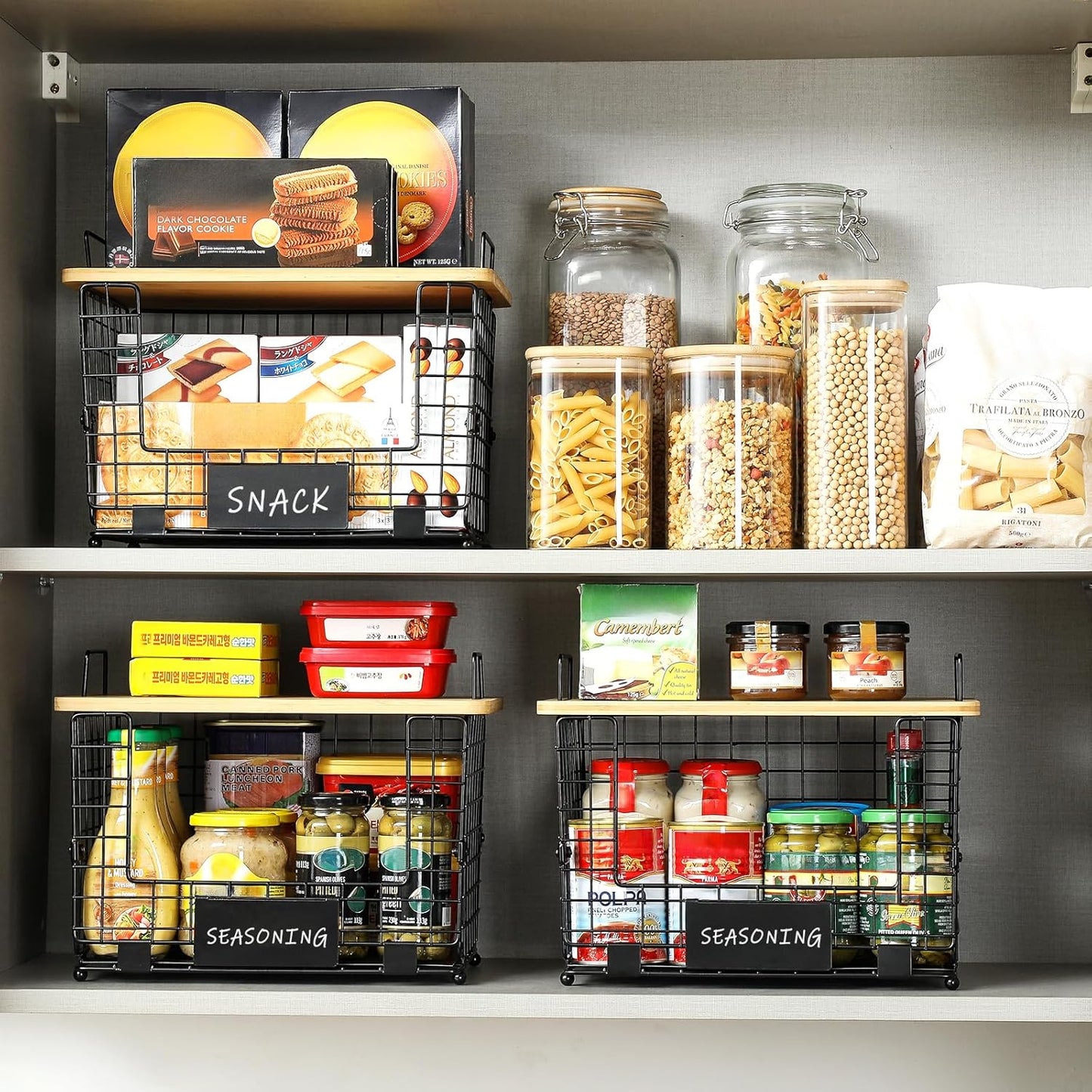 2 Set XL Stackable Wire Basket with Bamboo Tops & Tags- Pantry Organizer and Storage Bins, Kitchen Counter Cabinet Shelf Countertop Under Sink Organizing, Food Snack Produce Onion Potato Bread Storage