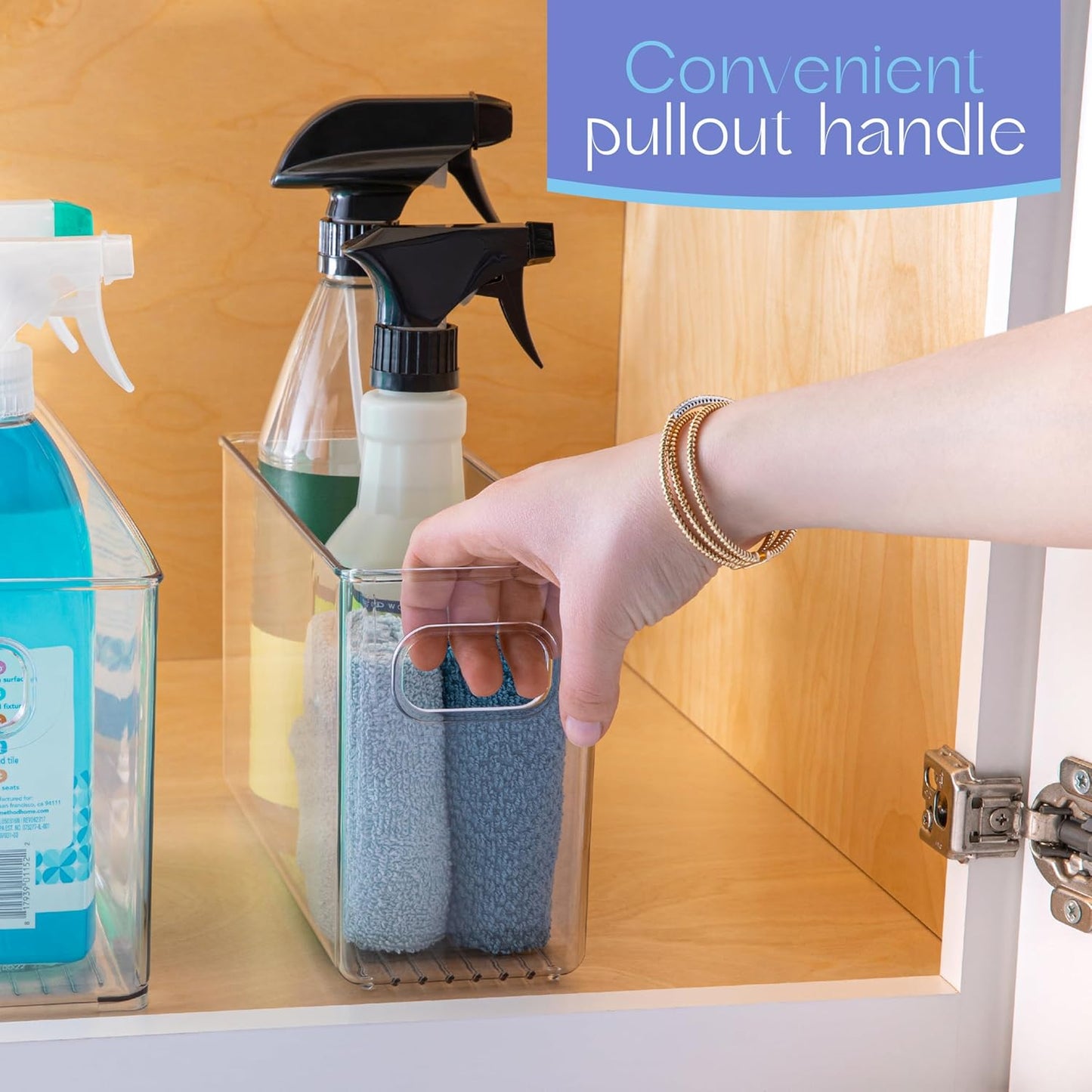 Plastic Food Storage 2 Pack Clear Container Bin with Handles for Organizing Kitchen, Pantry, Refrigerator, Freezer, Pantry, Cabinet, Closet, Bathroom. 10”x4”x6”