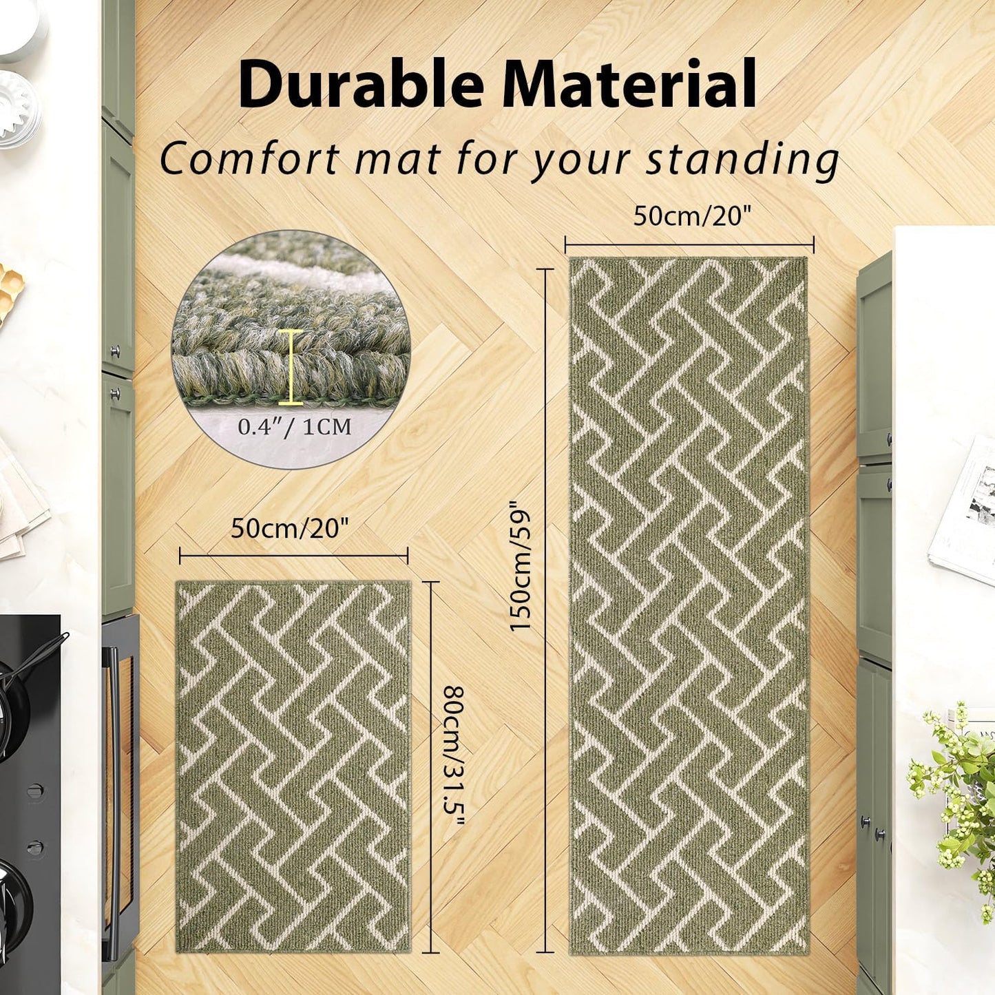 hicorfe Kitchen Rugs and Mats Sets,Non-Slip 2 Pieces Absorbent 100% Polypropylene Rug,Comfort Kitchen Runner Mat,Washable for Kitchen,Sink,Laundry(20" x 31.5" Plus 20" x 59",Green)