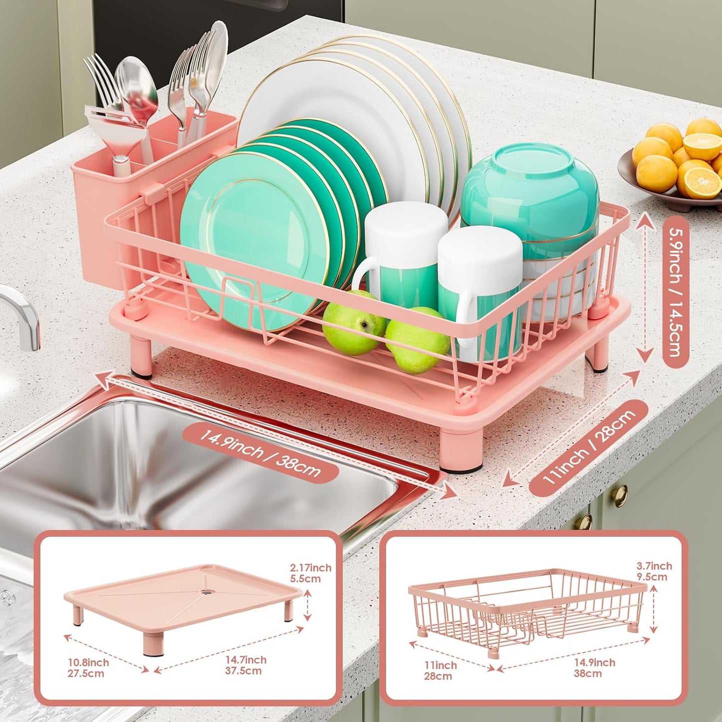 Dish Drying Rack, Space-Saving Dish Rack, Dish Racks for Kitchen Counter, Kitchen Dish Drainers with Removable Utensil Holder,Plate Rack and Drainboard, 11''W x 15''L, Pink
