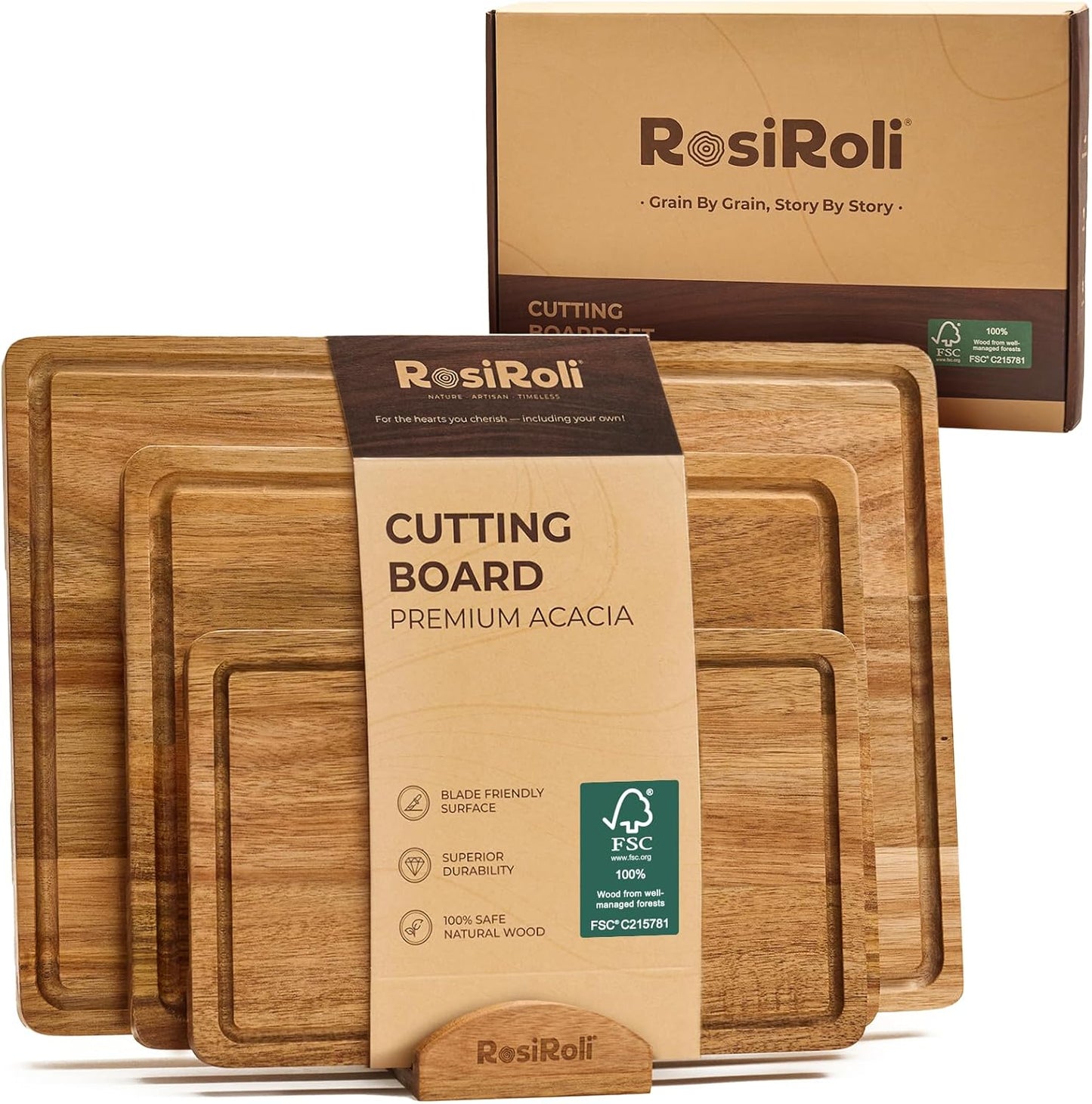 Acacia Wood Cutting Board for Kitchen, 3 Set with Holder - FSC Certified Large Wood Charcuterie Cheese Board with Handles and Juice Grooves, Wooden Chopping Block, Ideal Gift Set of 3 (S/M/L)