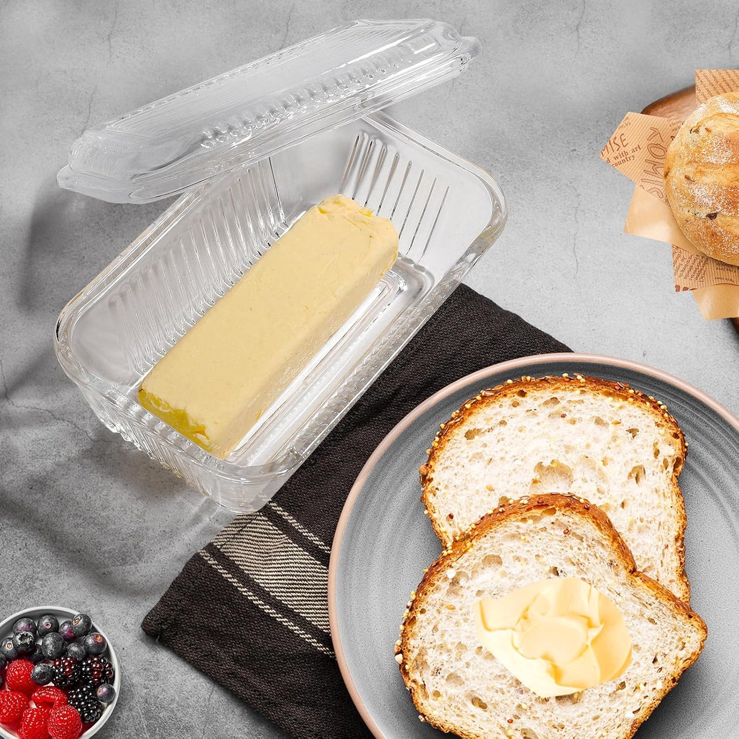 Wide Glass Butter Dish with Two Stick Butter for Countertop,Crystal Butter Container with Cover for Counter,Butter Tray Holder for Refrigerator,Large Glass Butter Keeper