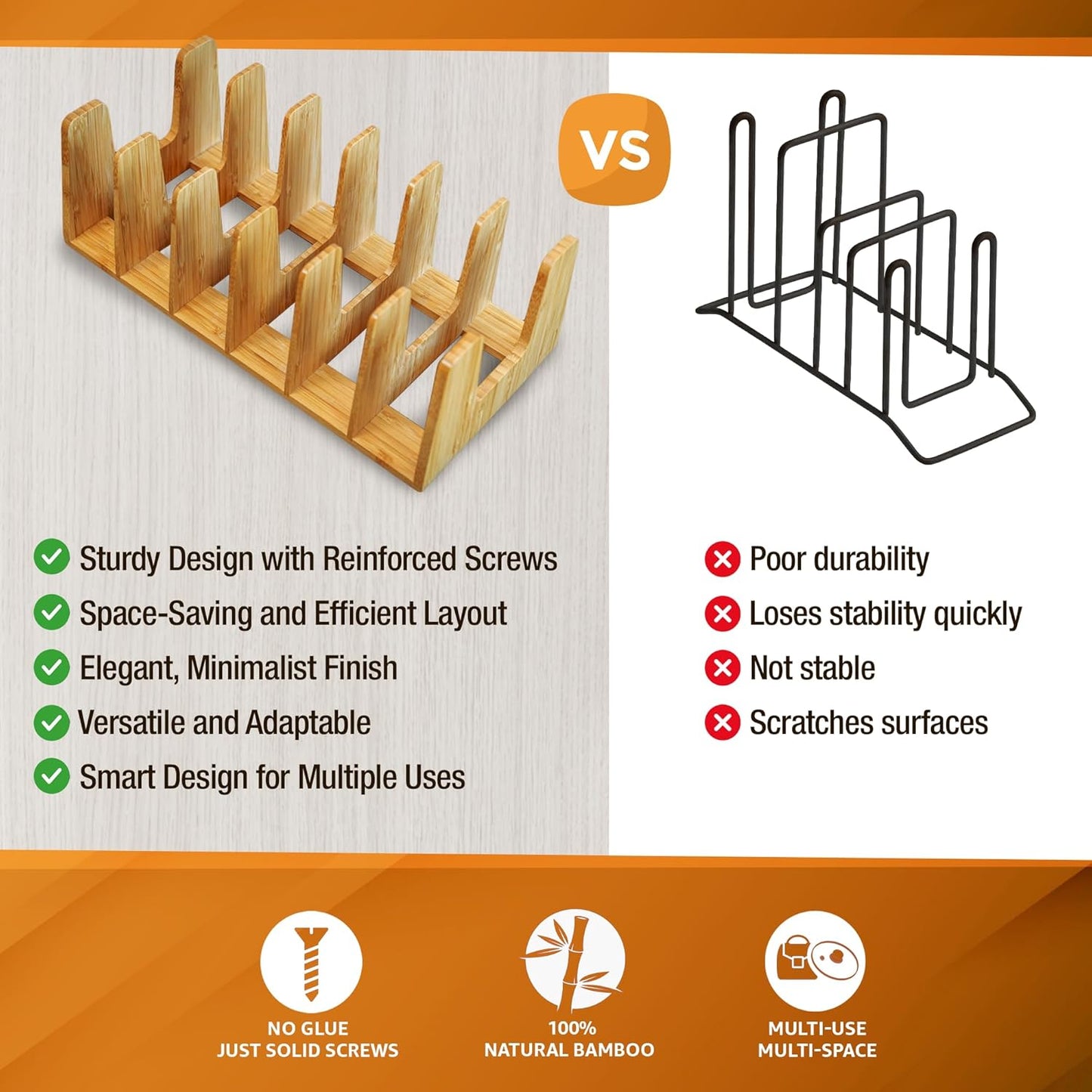 Kitchen Cabinet Organizer - Sturdy Bamboo Pot and Pan Organizer for Inside Cabinet - Multiuse Lid Organizer - Durable & Minimalist Kitchen Cabinet Organizer