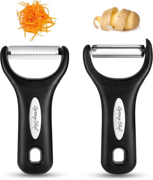 Spring Chef Premium Y & Vegetable Julienne Peeler Set for Kitchen with Stainless Steel Sharp Blades - Carrot Peelers with Comfortable Handles - Perfect for Zucchini, Cucumber, Papaya, Potato - Black