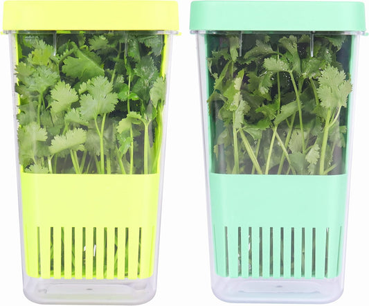 2 Pack Herb Keeper, BPA-Free Plastic Herb Saver with an Inner Basket for Cilantro, Mint, Parsley, and Asparagus, Keeps Fresh Herbs for 3 Times Longer