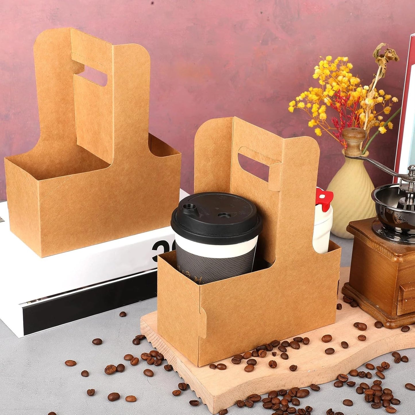 Nuogo 100 Pack 2 Cup Drink Carrier Handled Drink Carrier Holder Disposable Cup Holder Paper Cup with Handle Take Out to Go Coffee for Restaurants Food Delivery