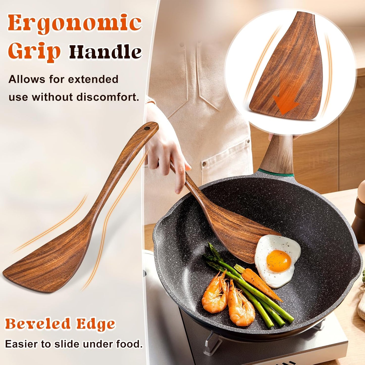 Wooden Spatula for Cooking, Acacia Wood Flat Frying Spatulas, Long Handle Spatula Turner for Non Stick Pans, Non-Scratch, Wooden Kitchen Utensils for Cooking, Frying, Baking