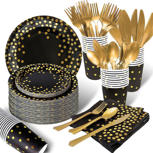 AIRE 350PCS Black Gold Paper Plates Party Supplies Dinnerware Sets for 50 Guests, Disposable Paper Party Plates, Dessert Plates, Cups, Napkins, Plastic Spoons, Forks, Knives for Wedding Birthday