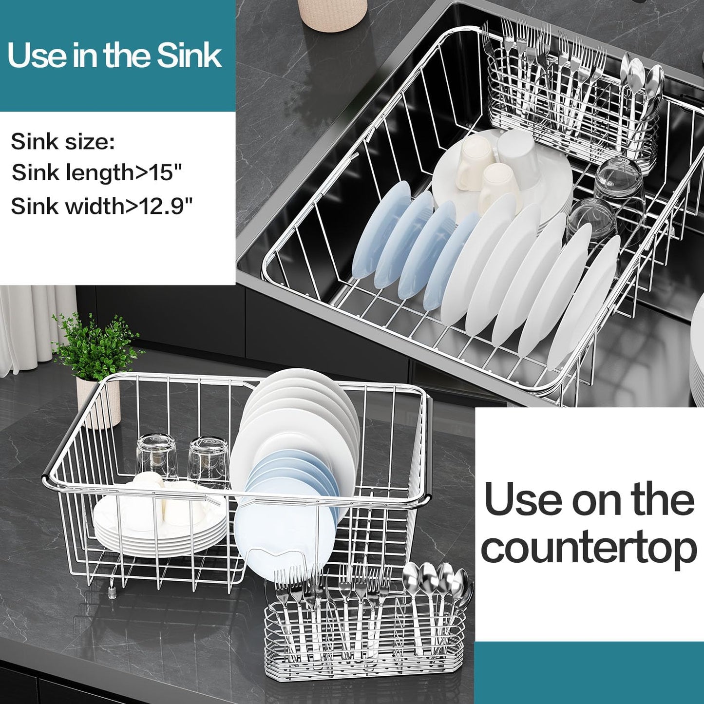 Large Dish Drying Rack in Sink Expandable, Adjustable304 Stainless Steel Metal Dish DrainerRack Organizer with Stainless Steel Utensil Holder Over Inside Sink Counter, Rustproof