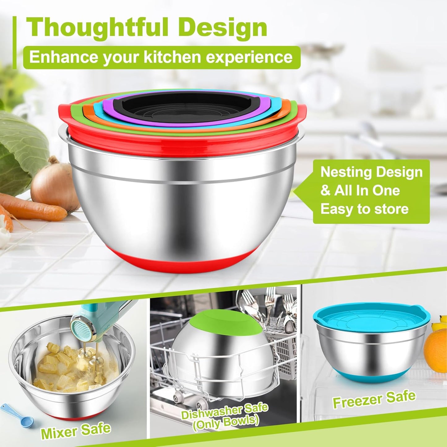 TeamFar Mixing Bowls, Stainless Steel Mixing Bowls with Lids, Nesting Salad Bowls with Air-tight Lids & Non-slip Bottom, Dishwasher Safe & Stackable, Set of 6-4.6/2.6/2 / 1.5/1 / 0.7 Qt