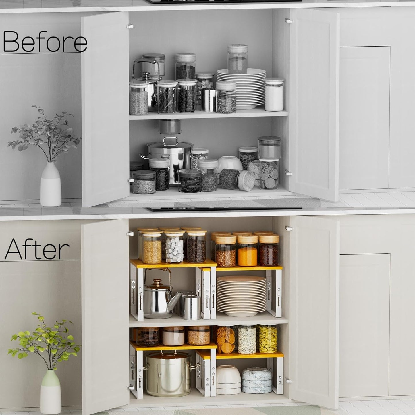 Expandable Kitchen Cabinet Organizer Shelves – Stackable Adjustable Metal and Wood Storage Racks for Countertop, Pantry, Garage Set of 2 Spice Rack – Easy Assembly, Space-Saving(1 Pack/Medium/White)