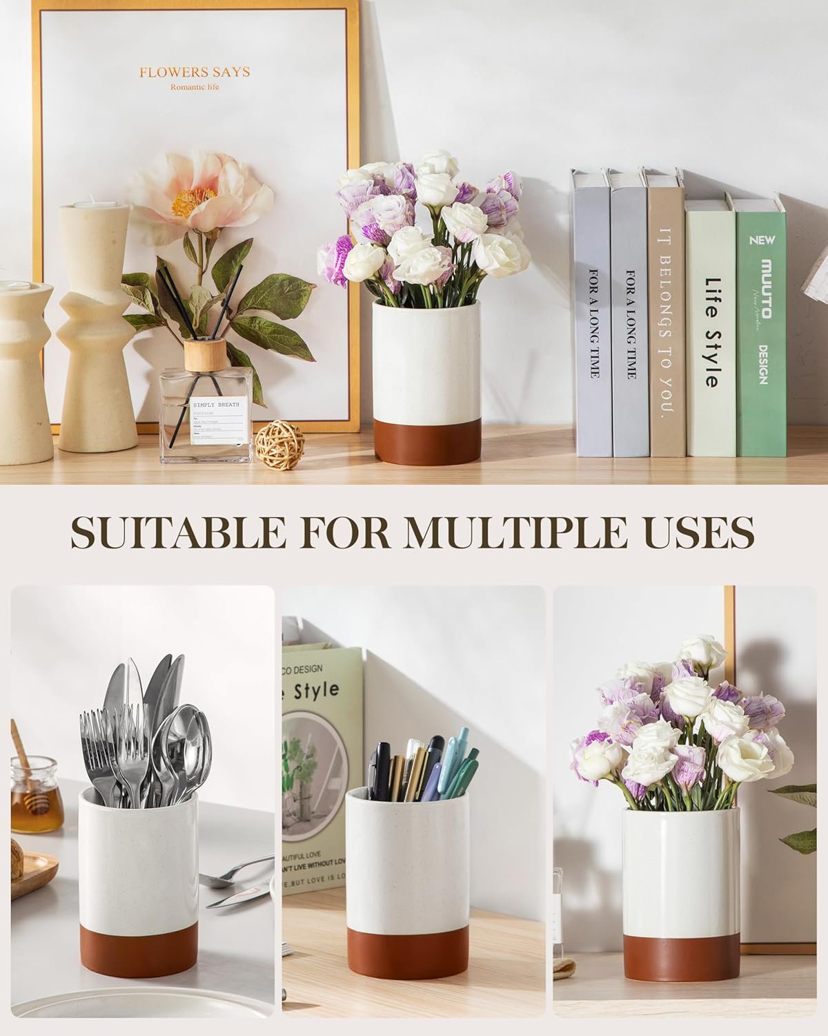 MALACASA Utensil Holder, 5.5" Ceramic Kitchen Utensil Holder for Countertop, Cooking Utensil Crock for Kitchen Counter, Farmhouse Utensil Organizer for Spatula & Spoon, Khaki White, Series TARA