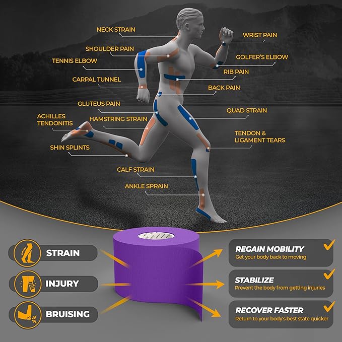 Kinesiology Tape-Incredible Support for Athletic Sports and Recovery + Free Taping Guide-Uncut 2 inch 50 feet Roll (Indigo Purple + Free Taping Guide, Pack of 1)