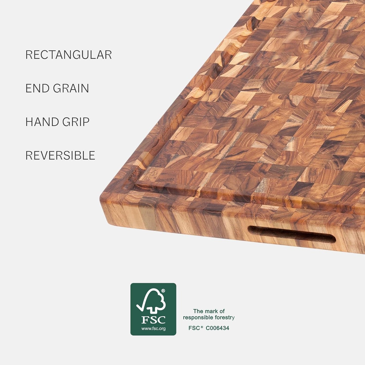 Teakhaus Butcher Block Carving Board - Extra Large Reversible Wooden Cutting Board with Juice Groove and Grip Handles - Teak End Grain Wood - Knife Friendly - FSC Certified