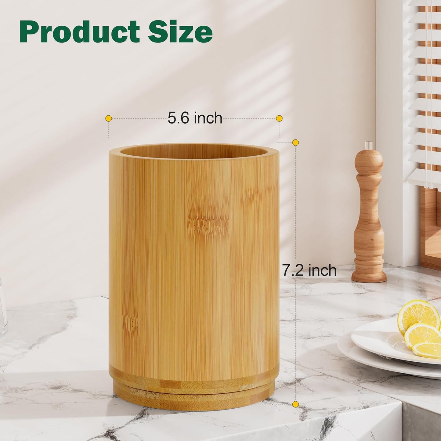 Bamboo Utensil Holder, Kitchen Utensil Holder for Countertop, 360°Rotating Cooking Utensil Crock for Kitchen Counter, 7.2" Large Utensil Organizer for Spatula