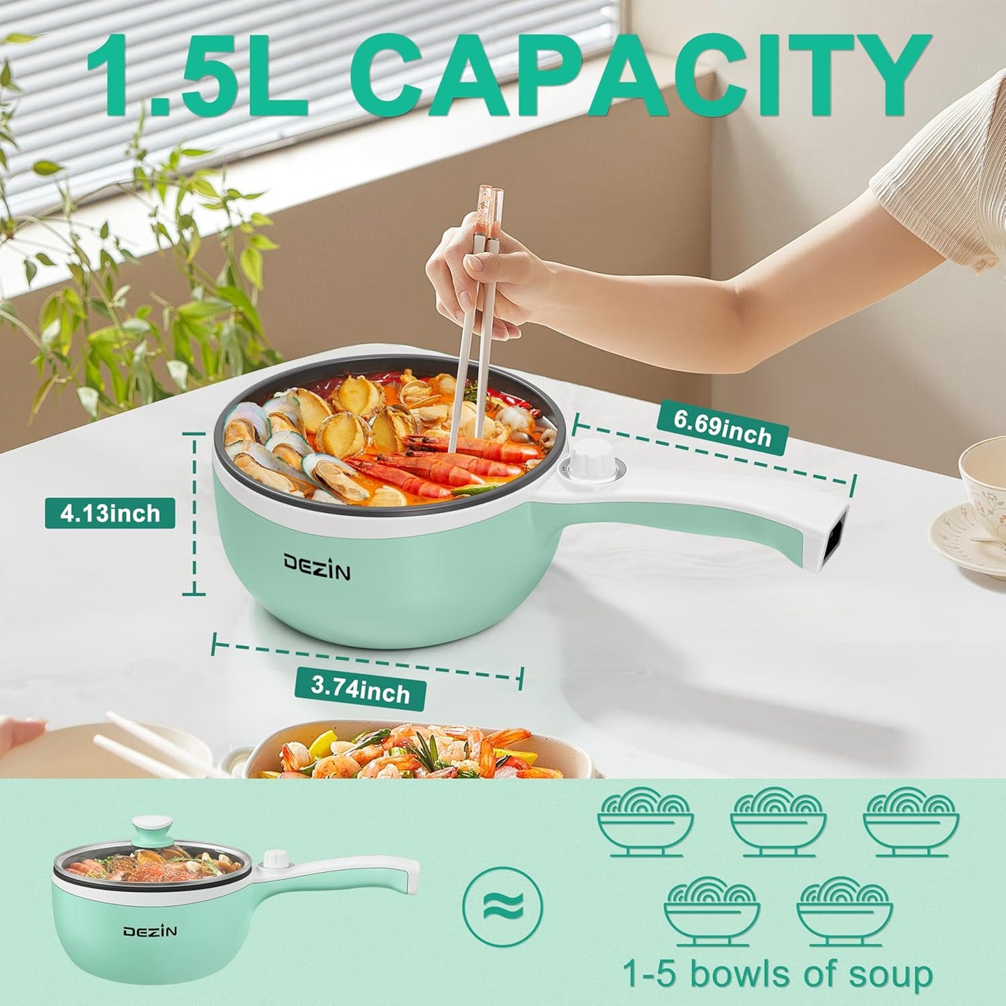 Dezin Hot Pot Electric Upgraded, Non-Stick Sauté Pan, Rapid Noodles Electric Pot, 1.5L Mini Portable Hot Pot for Steak, Egg, Fried Rice, Ramen, Oatmeal, Soup with Power Adjustment