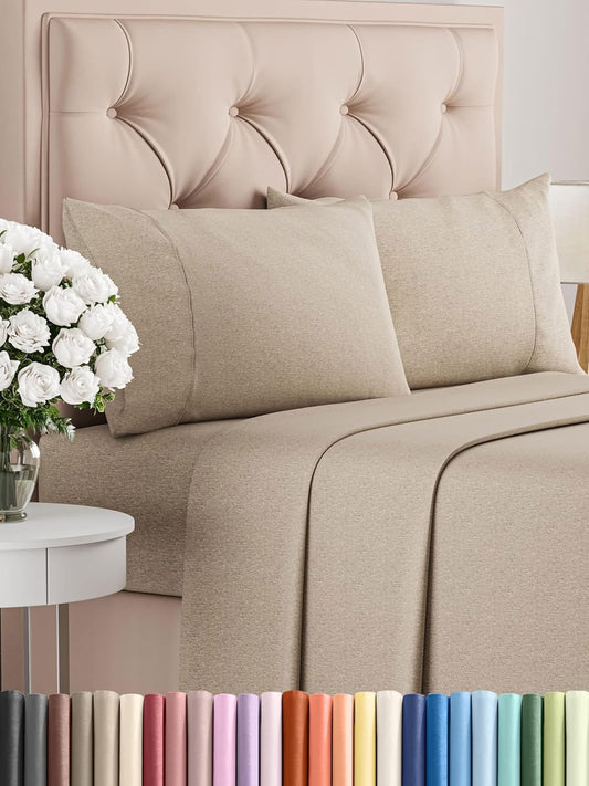 Queen Size 4 Piece Sheet Set - Comfy Breathable & Cooling Bed Sheets Set - Hotel Luxury Bedding for Women, Men, Kids, Teens, Boys & Girls - Deep Pockets, Soft & Wrinkle Free - Beige (Heathered Sheets)