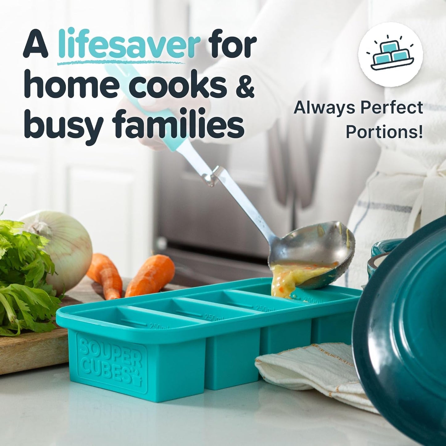 Souper Cubes 1 Cup Silicone Freezer Molds - Soup Cubes Perfect for Freezing Broth, Rice, Leftovers and More - Silicone Freezer Trays with Lids for Meal Prep - Aqua - 2-Pack