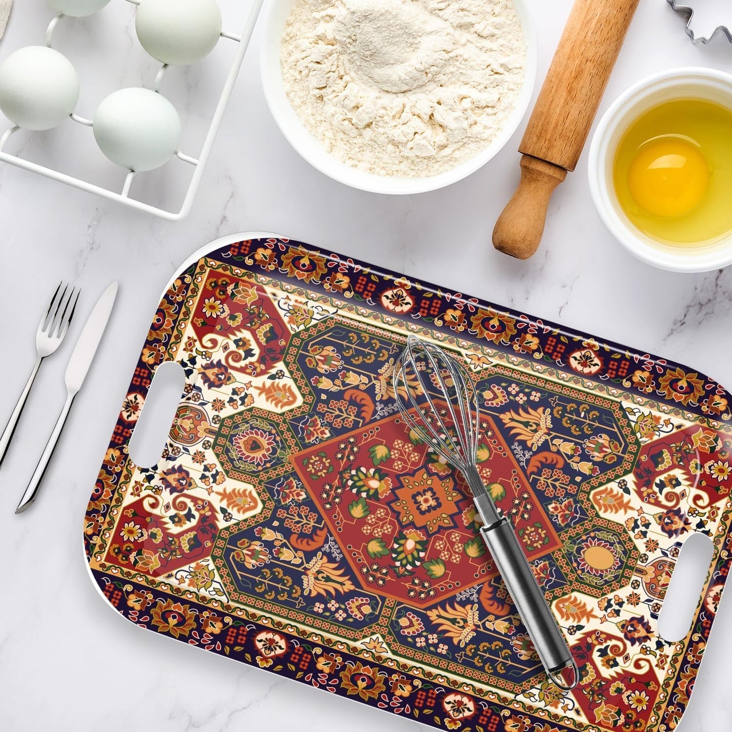 Serving Trays with Handles, 14.5 x 9.8 inch Rectangular Plastic Tray for Restaurant, Kitchen, Dark Red Pattern