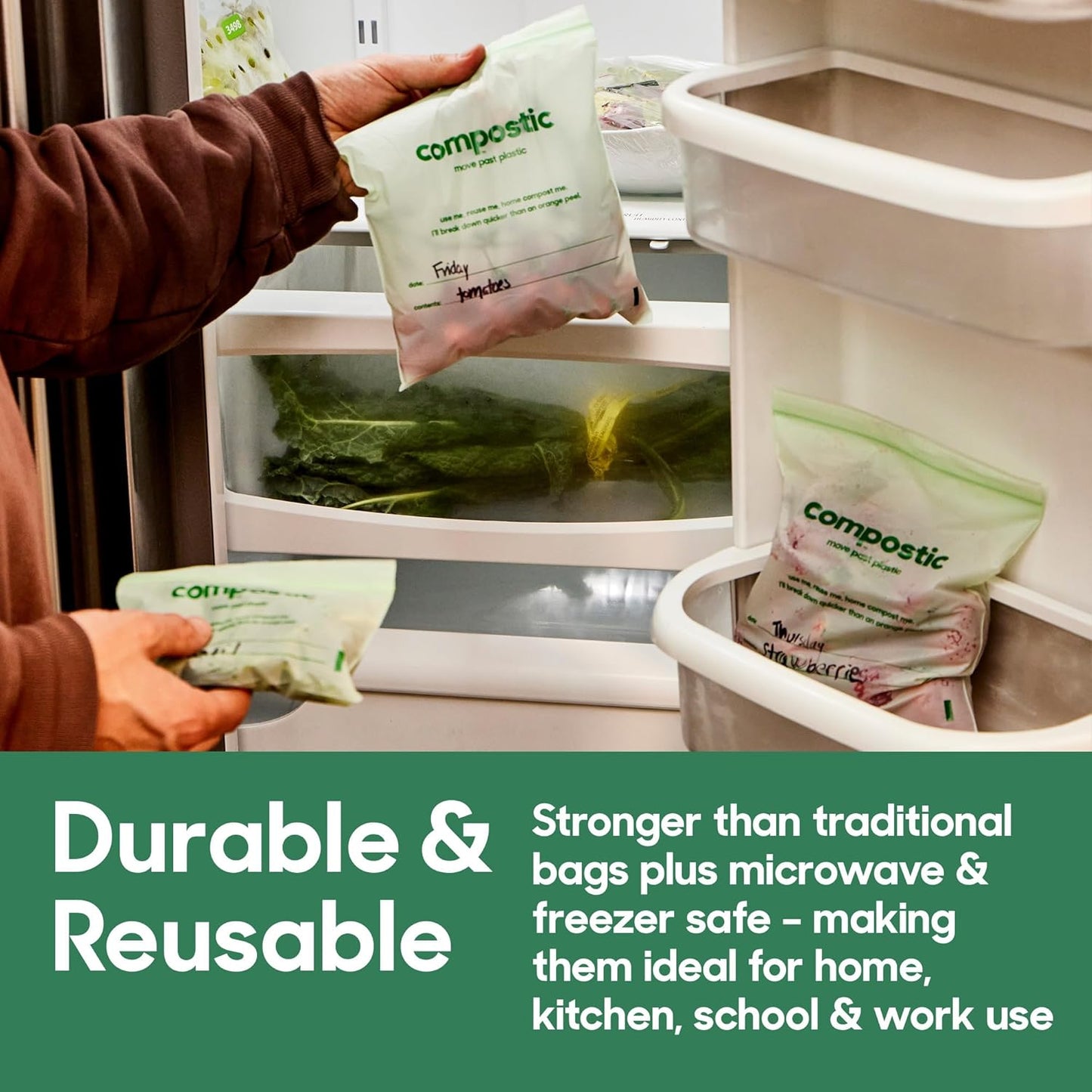 Compostic Home Compostable Resealable Gallon Bags (10.5"x10.5"), Microwave & Freezer Safe, Organic Food Storage Container, 30 Count (Pack of 2)