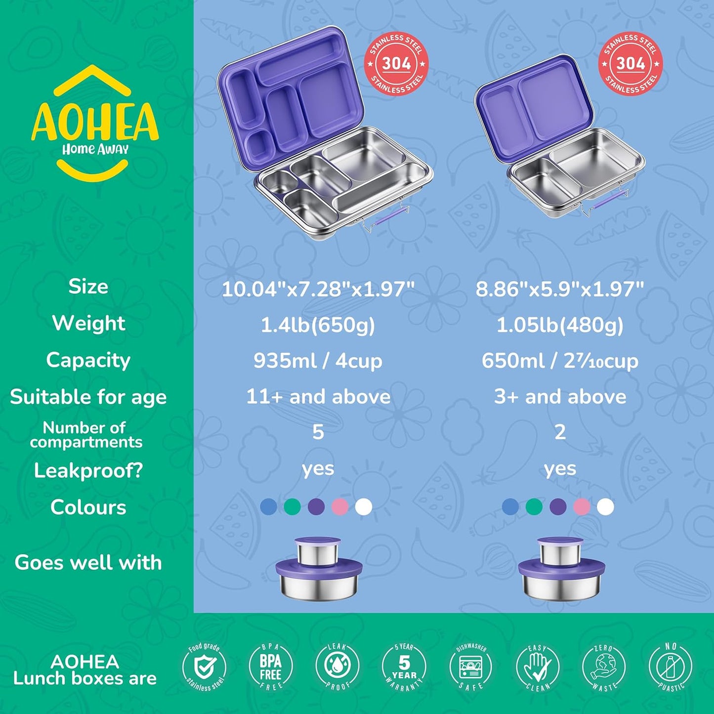 Stainless Steel Bento Box Kids, Kids Metal Bento Lunch Box BPA Free Lunch Box Containers 304 Stainless Steel Bento Box for School and Office(Purple)