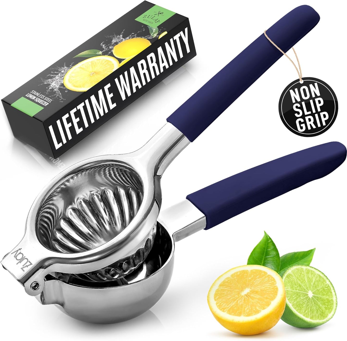 Zulay Lemon Squeezer Stainless Steel with Premium Heavy Duty Solid Metal Squeezer Bowl and Food Grade Silicone Handles - Large Manual Citrus Press Juicer and Lime Squeezer Stainless Steel (Navy)