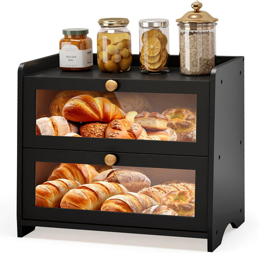 Double Layer Bread Box for Kitchen Countertop, Large Breadbox Bread with Windows, Wooden Farmhouse Bread Holder (Black)