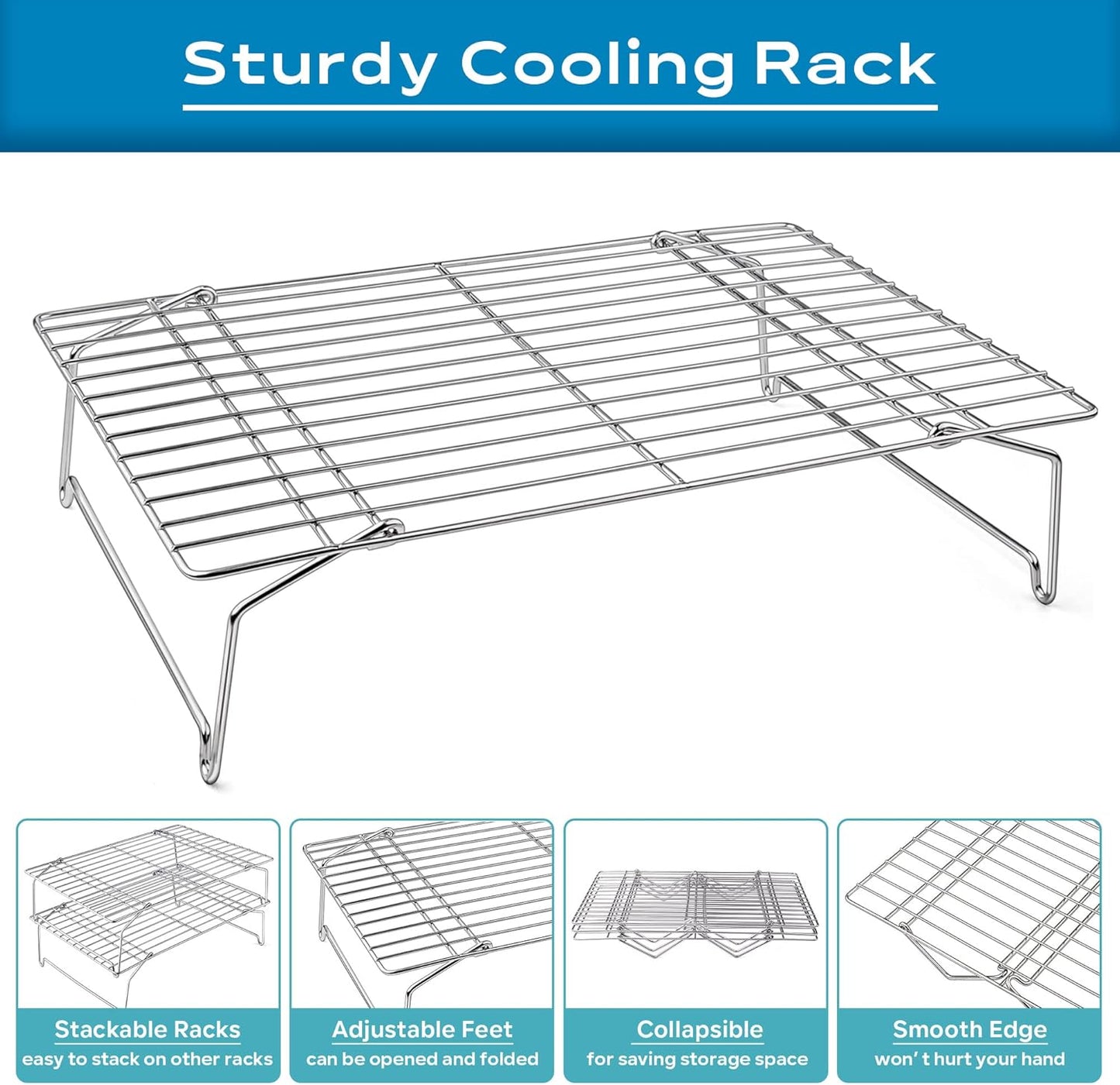 15IN x 10IN Cooling Baking Rack Set of 3, Leonyo 3-Tier Stackable Stainless Steel Wire Baking Cooking Racks Set for Cookie, Pizza, Cup Cake, Raised & Folding Feet