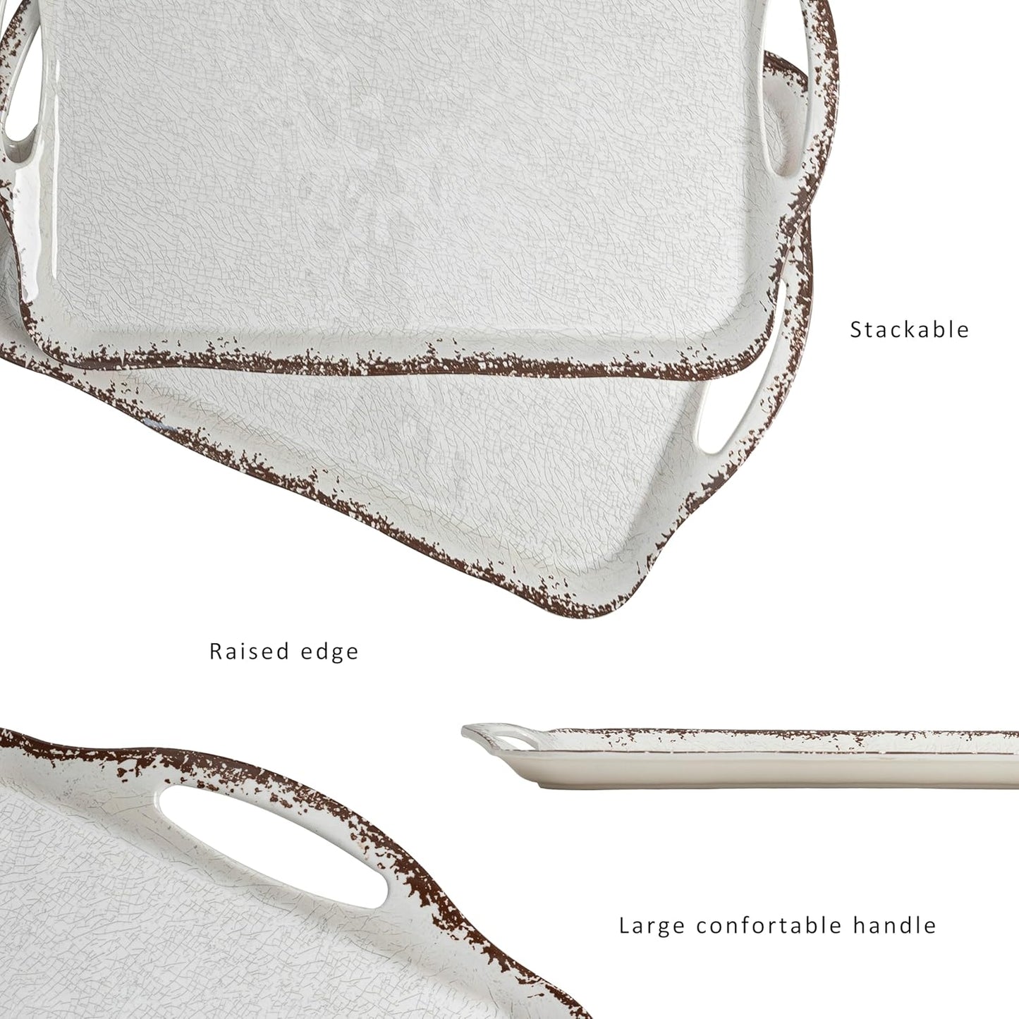 LEHAHA Vintage White Large Serving Tray with Handles, 17.25x12 inch, Set of 2 Melamine Platters for Serving Food, Turkey, Cookie, Rectangular Trays for Eating, Crackled Finish with Rustic Raised Rim.