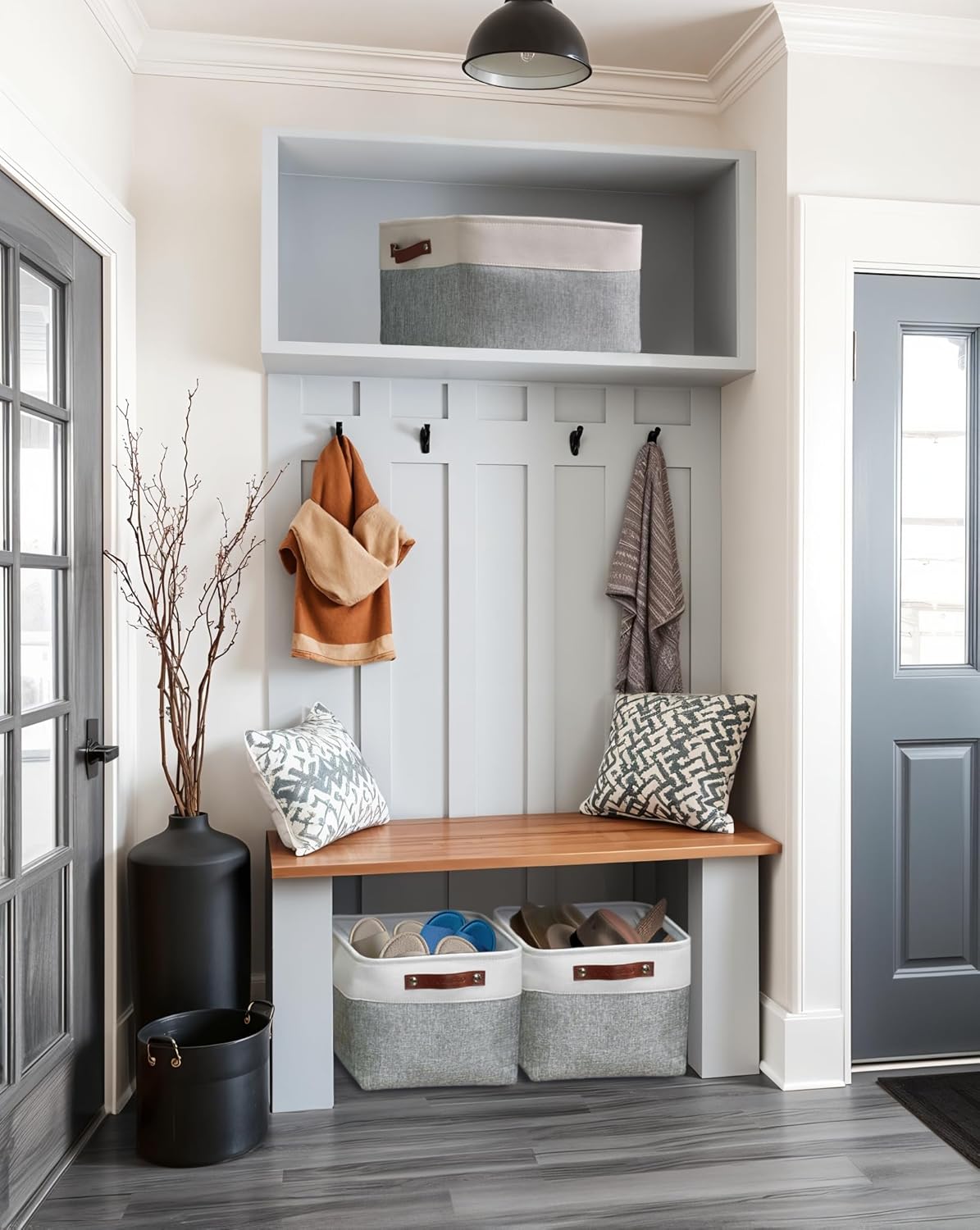 DECOMOMO Storage Baskets for Shelves - Fabric Storage Bins, Linen Closet Organizers and Storage (Grey & White, Large - 3 Pack)