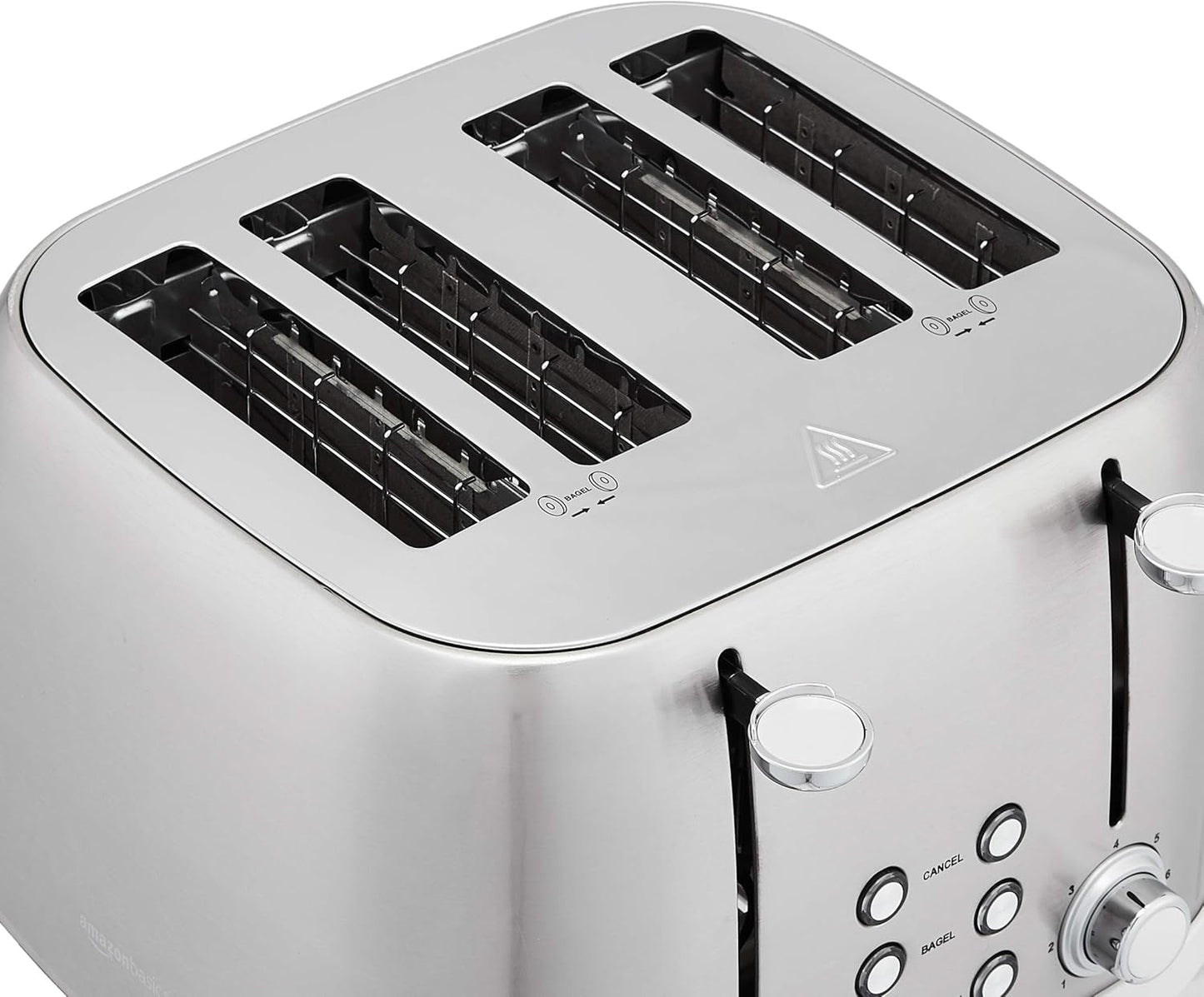 Amazon Basics 4 Slice Toaster with 6 Browning Settings, Removable Easy-to-Clean Crumb Tray, Cancel Button, 1600W, Brushed Silver
