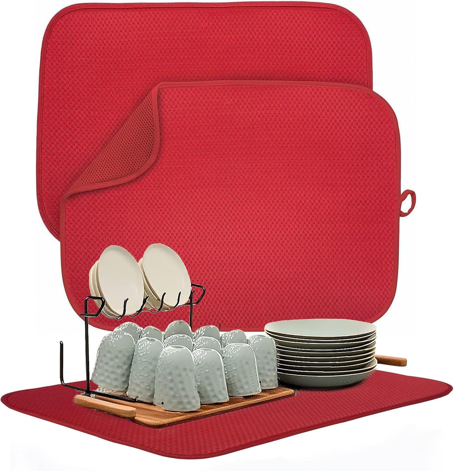 2 Pack Dish Drying Mat for Kitchen Counter, Super Absorbent & Anti-Slip, Machine Washable, 15" x 20" (Red)