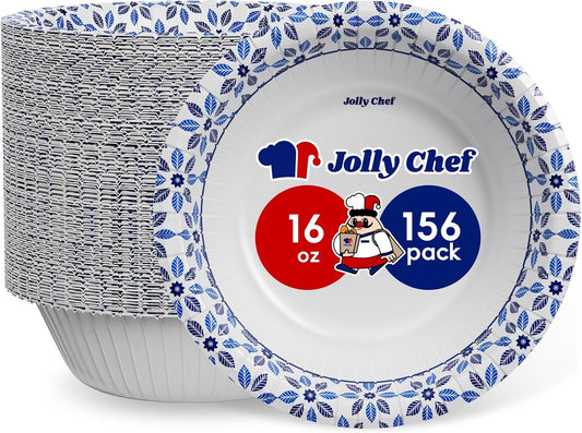 JOLLY CHEF 16 oz Paper Bowls 156 Count Soak Proof, Heavy Duty Printed Disposable Small Bowls Bulk for Dinner or Lunch
