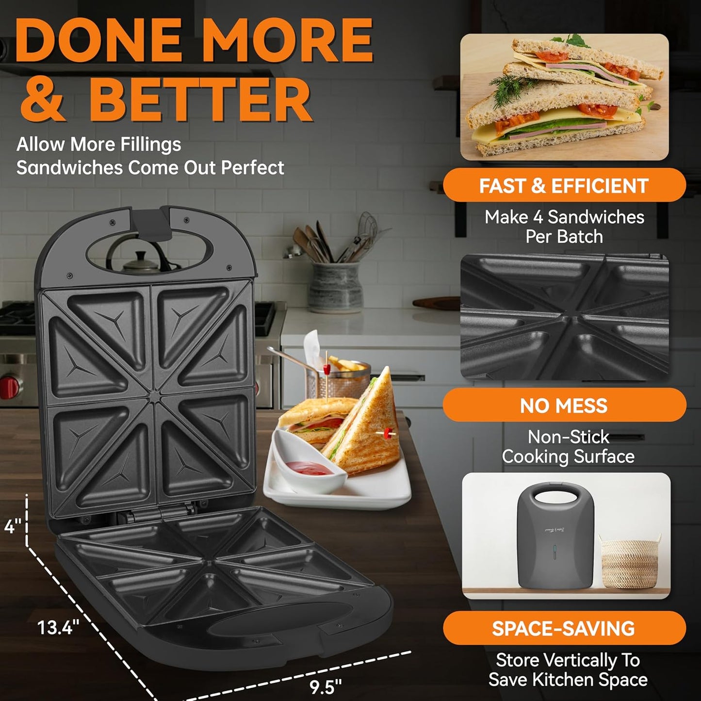 Baker’s Friend Breakfast Sandwich Maker, 4 Slices of Panini Grill Press Sandwich Maker, Electric Sandwich Maker with Indicator Light, Grill Cheese & Egg Muffin Sandwich Maker, Graphite