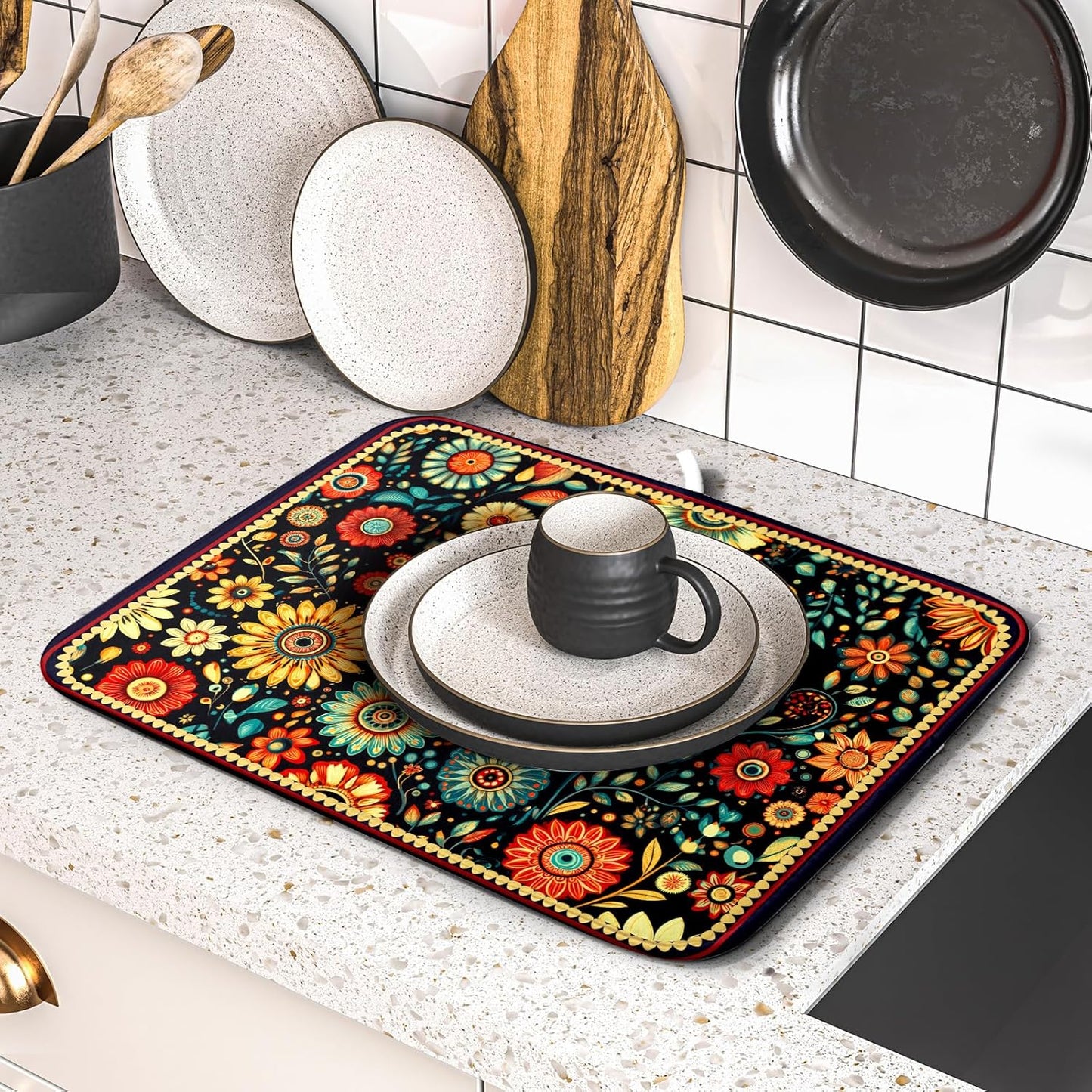 Bohemian Style Flowers Drying Pad Boho Floral Dish Drying Mat for Kitchen Counter Absorbent Microfiber Drainer Rack Mat