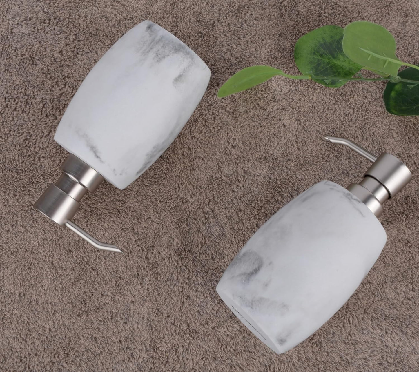 Resin Soap Dispenser Set 2, Refillable Hand Soap Dispenser with White Marble Look and Metallic Pump, Kitchen, Bathroom, Waterproof Labels (12 Oz)