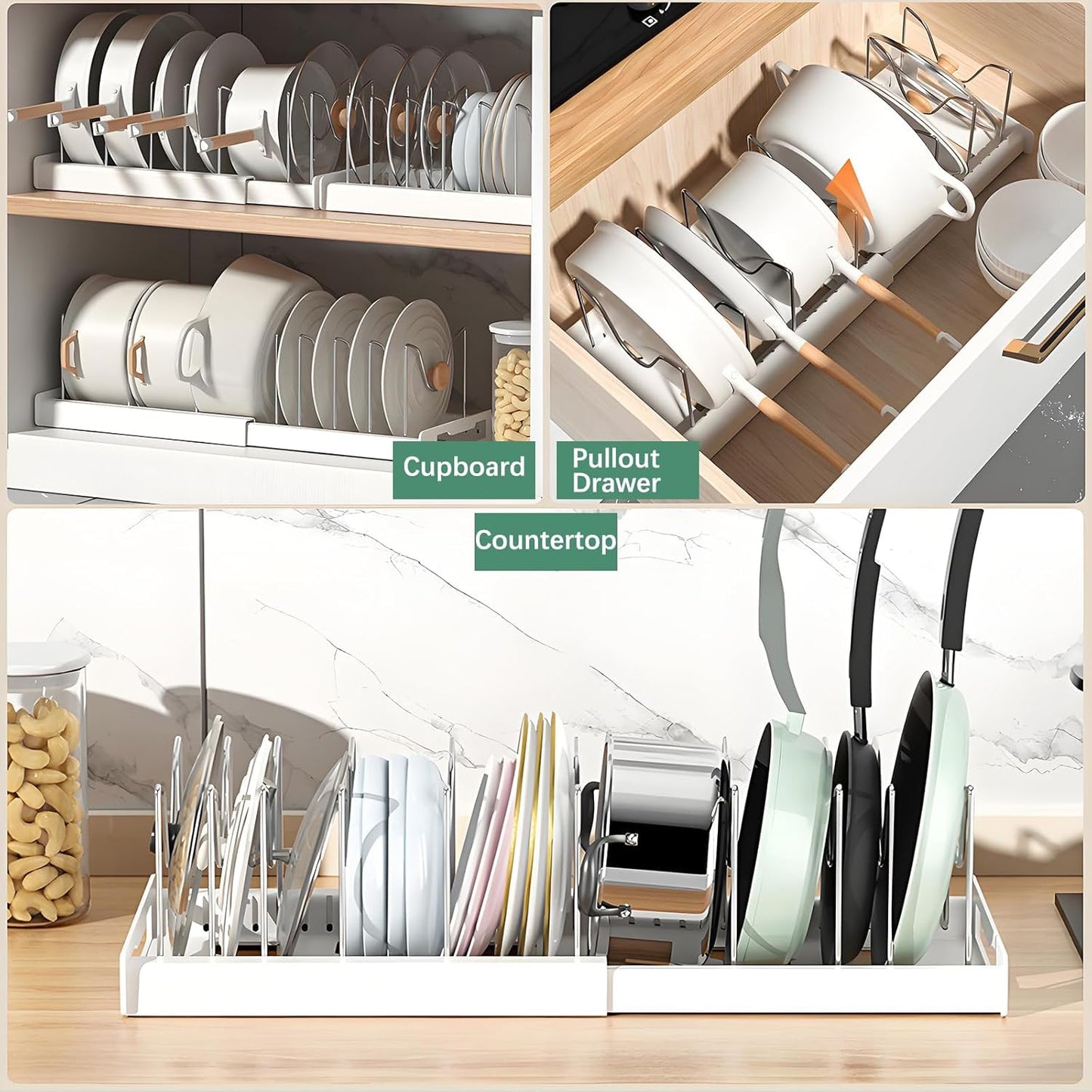 2 Pcs Pot and Pan Organizer, Expandable Pots and Pans Organizer Under Cabinet, Pot Lid Holder with 10 Adjustable Compartment for Bakeware, Cutting Boards, Lid, Dishes, Cookware (2 Pcs)