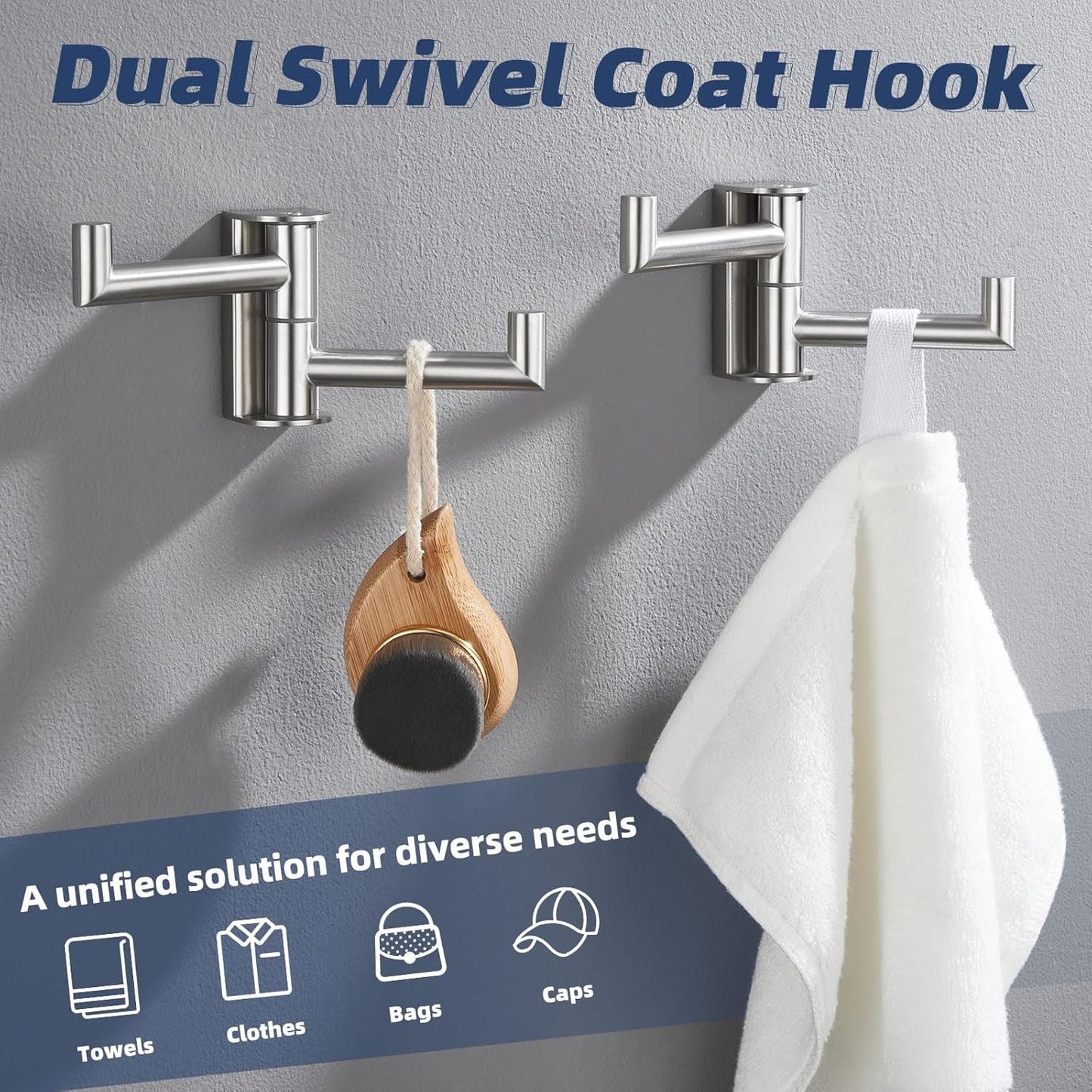 APLusee 2 Pack Swivel Coat Hooks Brushed Nickel, 304 Stainless Steel Foldable Bathroom Towel Hooks with 2 Rotating Arms, Wall Mounted