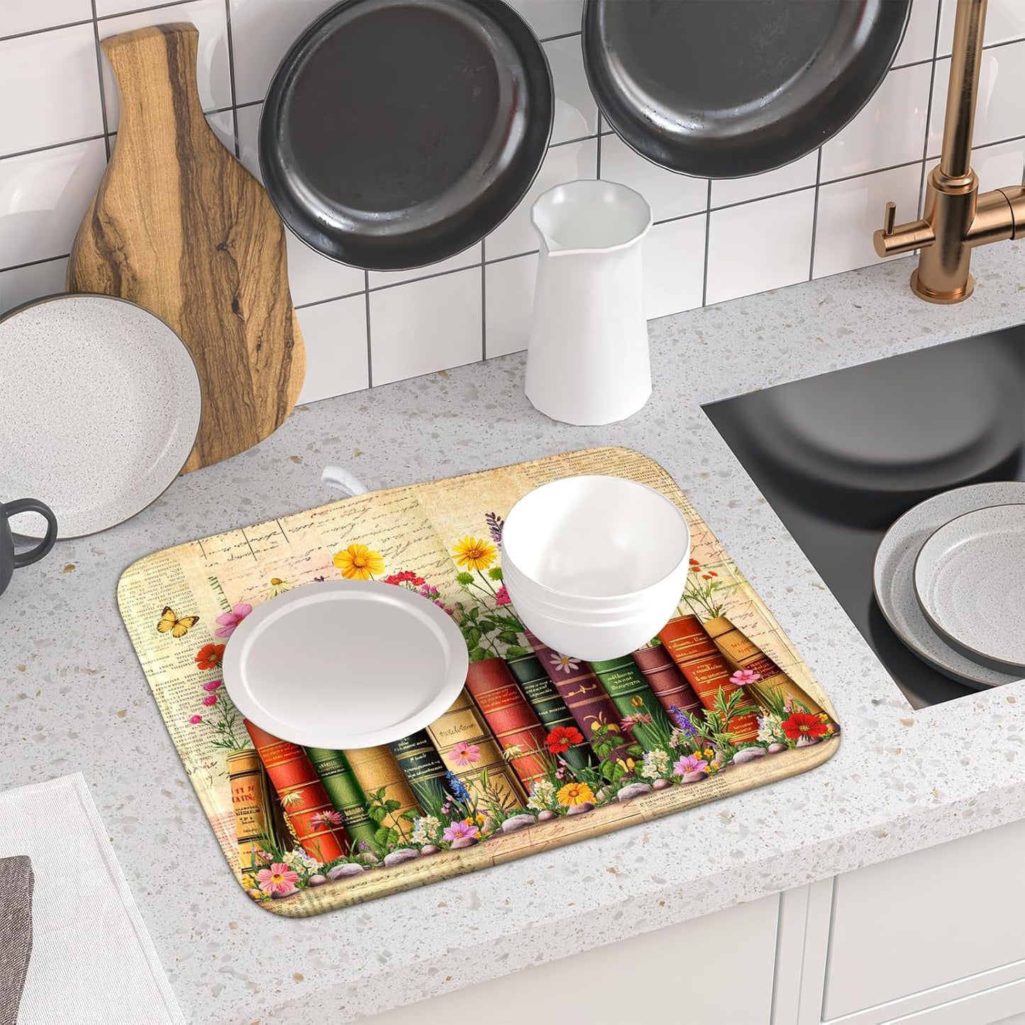 Colorful Books Kitchen Drying Mat - Watercolor Floral Drying Matt Kitchen Counter 16 X 18 In