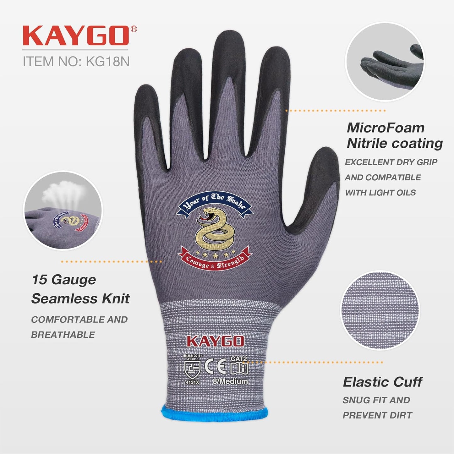 KAYGO Safety Work Gloves MicroFoam Nitrile Coated, 3 Pairs KG18NB,Seamless Knit Nylon Glove for Men and Women, Ideal for Automotive,Warehouse,Construction (M,Gray)
