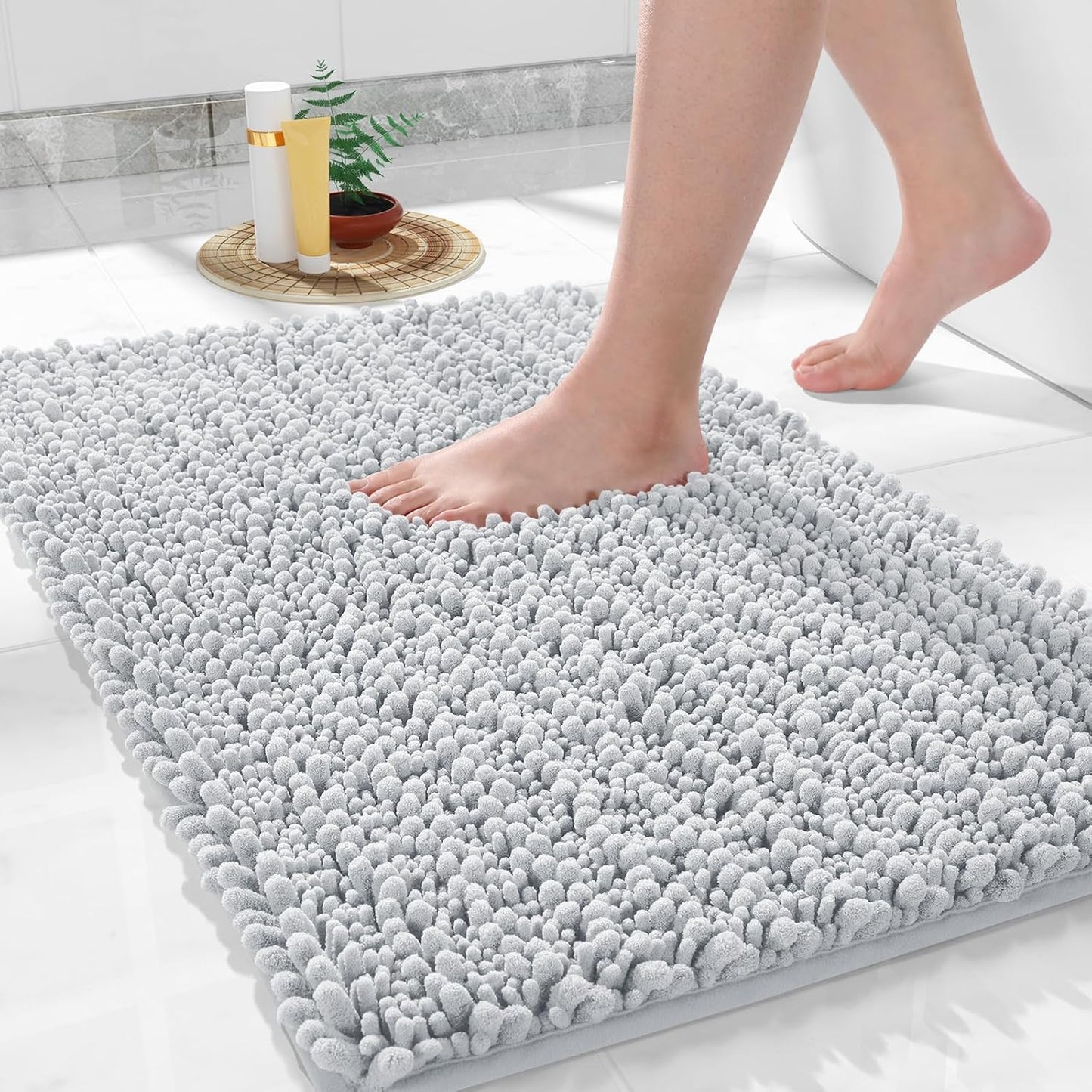 Yimobra Bathroom Rugs Non Slip Washable 24x17 Inch - Ultra Soft Absorbent Chenille Bath Mat, Quick Dry Shaggy Floor Carpet for Tub Shower, Silver Home Decor Accessories