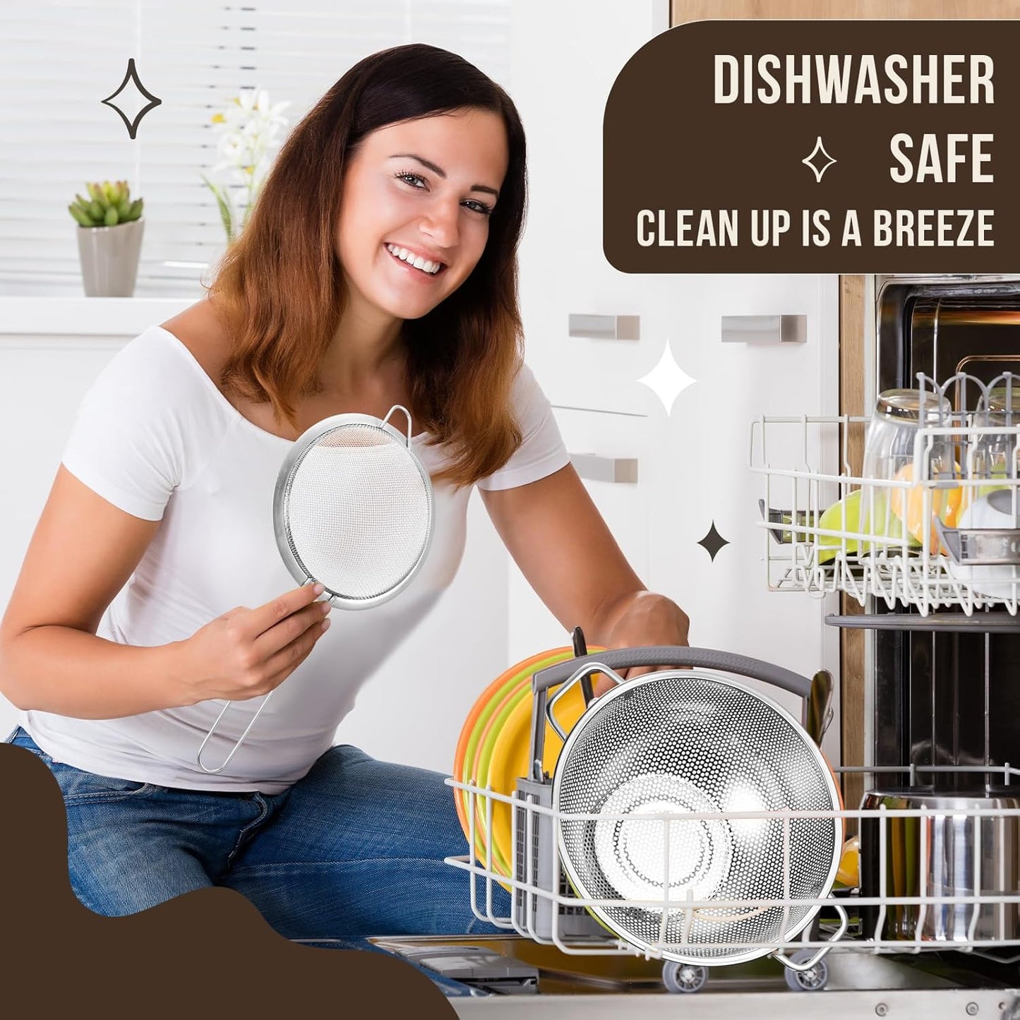 Norme 4 Quart Stainless Steel Silver Colander and 3 Pcs Silver Fine Mesh Strainer, Stainless Steel Pasta Rice Food Metal Strainer with Handles, Easy Clean and Dishwasher Safe