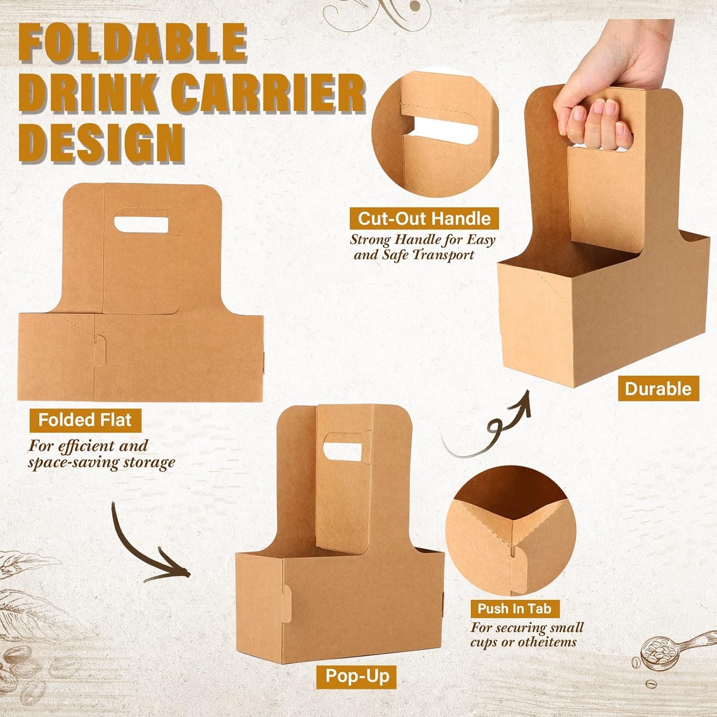 Nuogo 100 Pack 2 Cup Drink Carrier Handled Drink Carrier Holder Disposable Cup Holder Paper Cup with Handle Take Out to Go Coffee for Restaurants Food Delivery