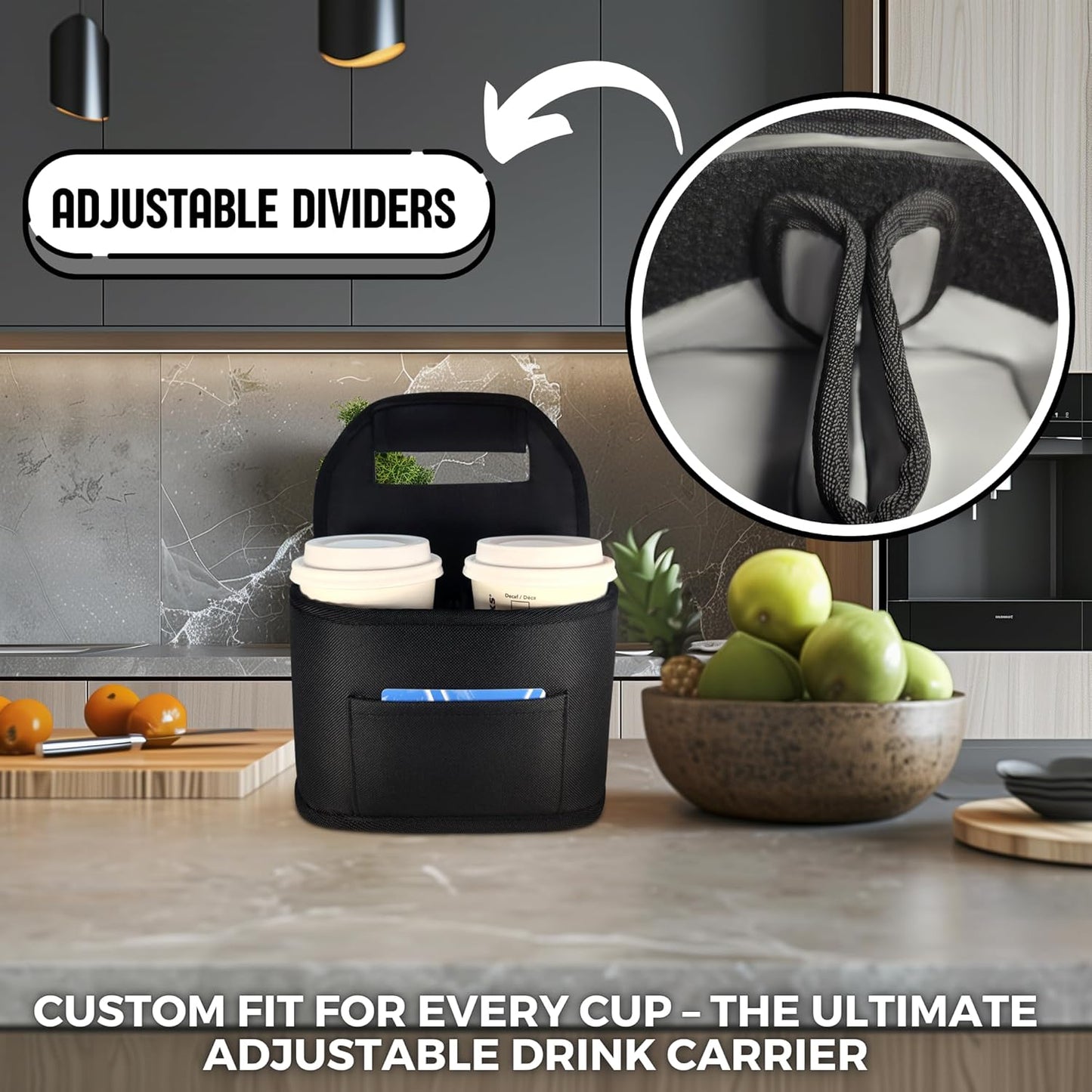 Insulated Reusable 4-Cup Drink Carrier with Adjustable dividers, Money Pocket, Straw Slot and Handle. Ideal for delivery, Takeout, Travel, and Outdoor use