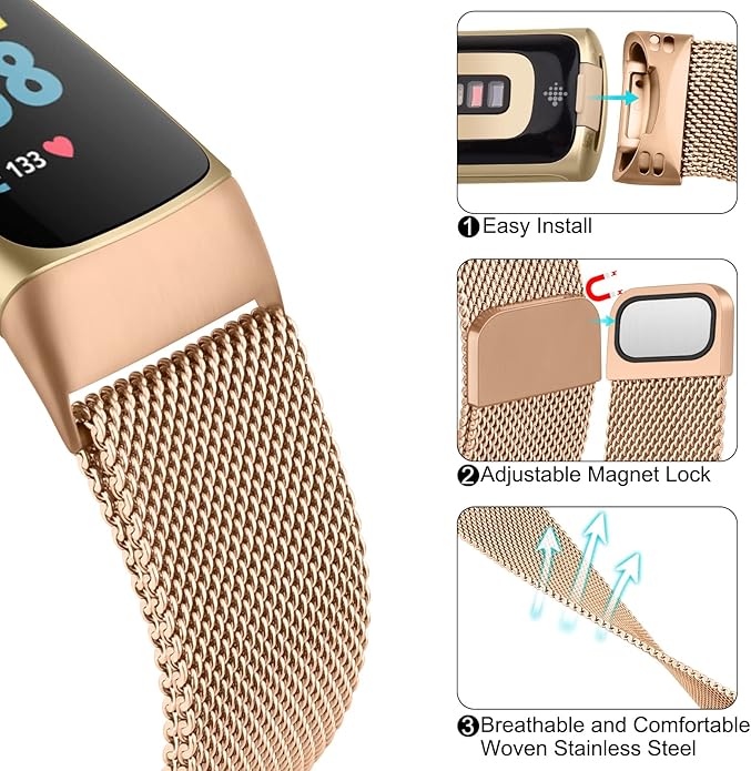 Meliya for Fitbit Charge 6 Bands Women Men, Stainless Steel Metal Mesh Loop Adjustable Magnetic Wristband Replacement Straps Compatible with Fitbit Charge 6 Fitness Tracker