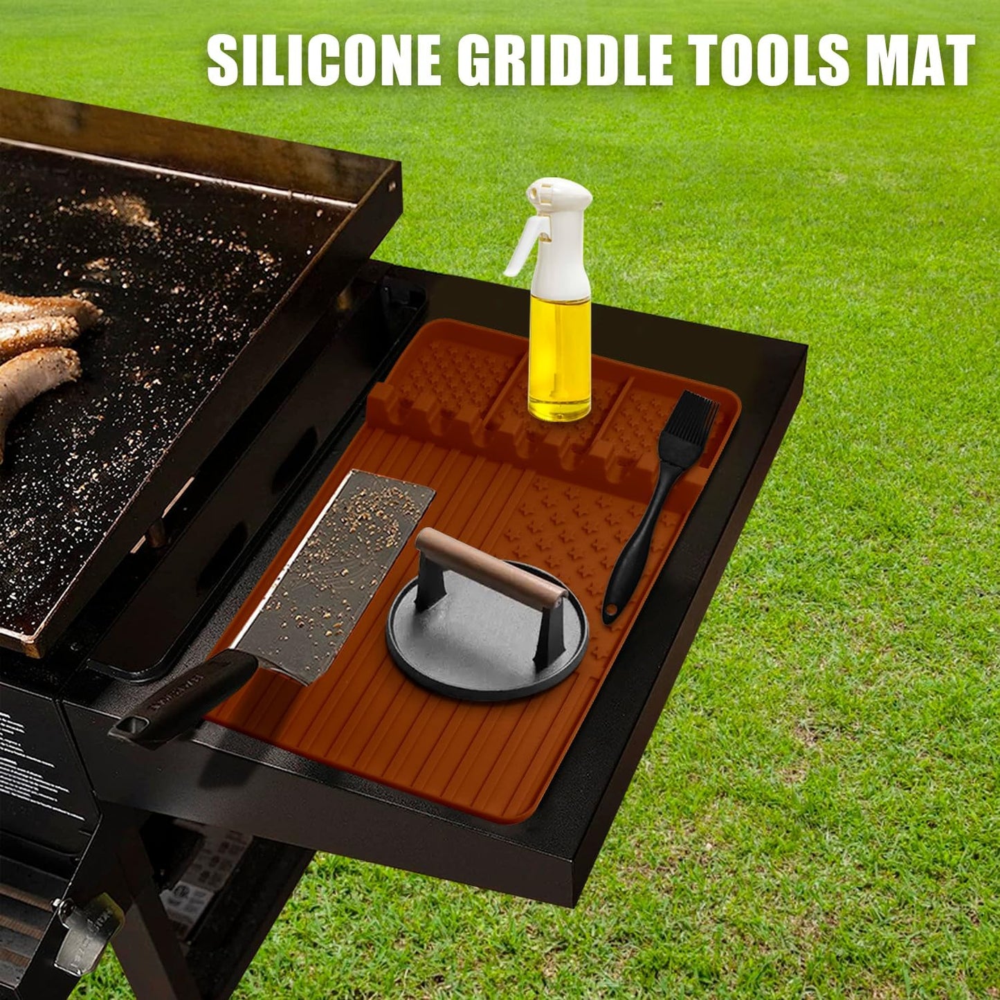 Silicone Griddle Tools Mat for Blackstone,Grill BBQ Caddy Utensils Holder for Kitchen,Cooking & Countertop,Large Spatula Mat with Drip Pad,Griddle Accessories for Blackstone (brown-2)