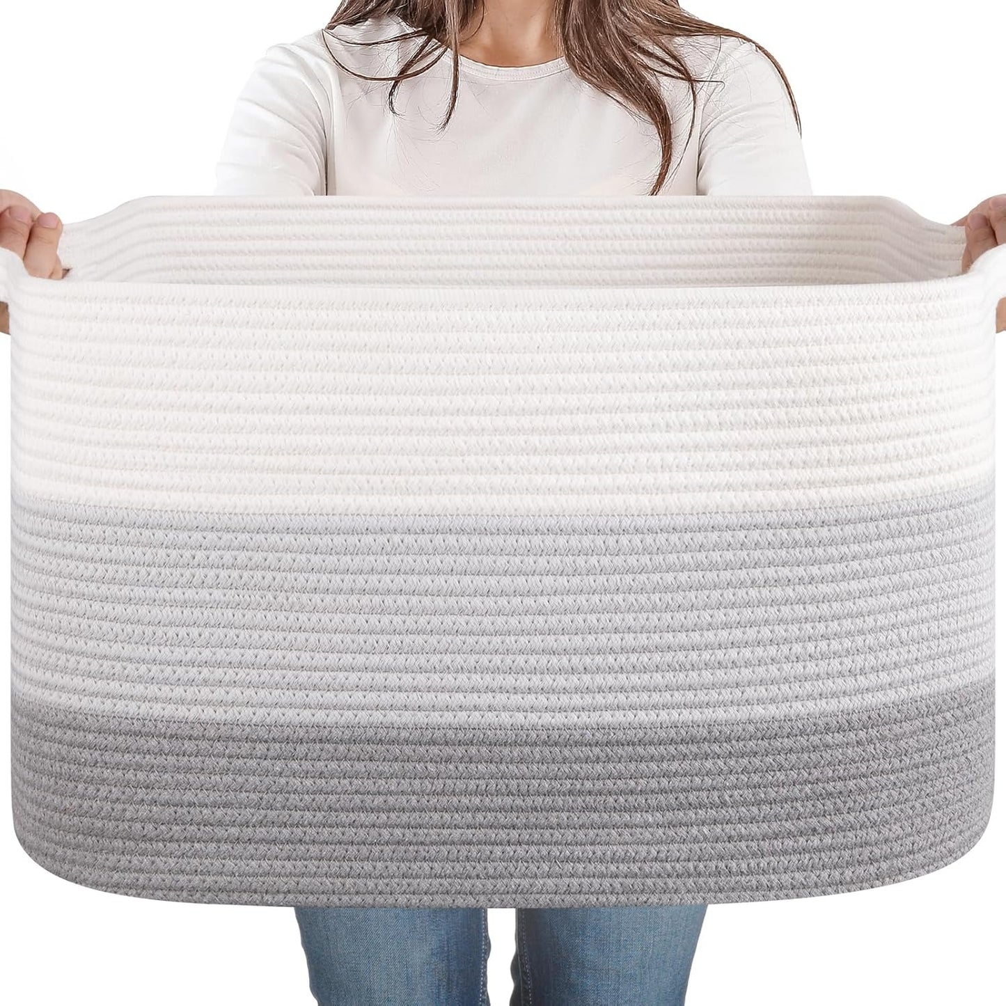 65L Large Storage Basket, Cotton Rope Woven Blanket Basket, Toy Storage for Baby Room, Living Room, Gradient Grey