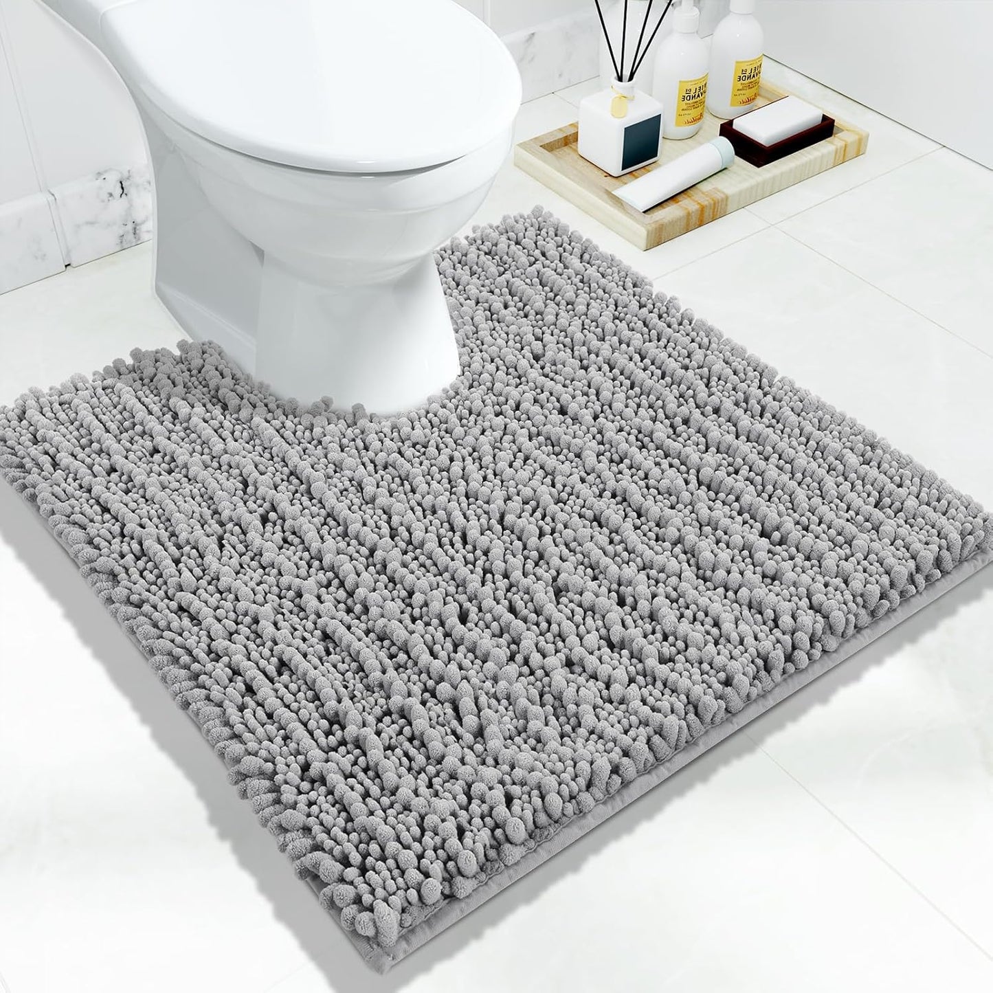 Yimobra Toilet Rug U Shaped Washable 24x20 Inch - Ultra Soft Absorbent Chenille Bath Rugs for Toilet, Quick Dry & Machine Washable, Non Slip Contour Bathroom Mat, Gray