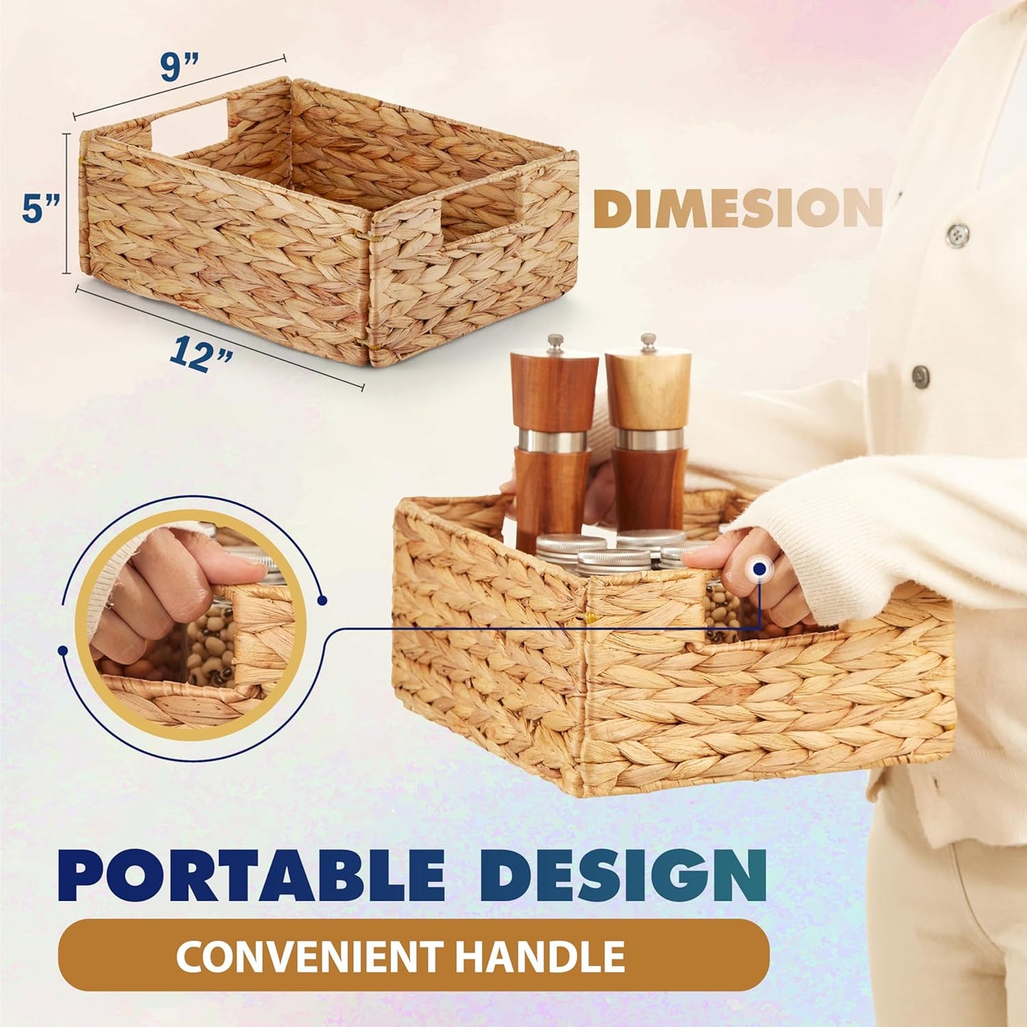 BLUEWEST Water Hyacinth Storage Baskets (Set of 6) – Woven Hyacinth Organizer with Carrying Handles, Laundry Basket for Organizing, Rattan Bin for Shelves